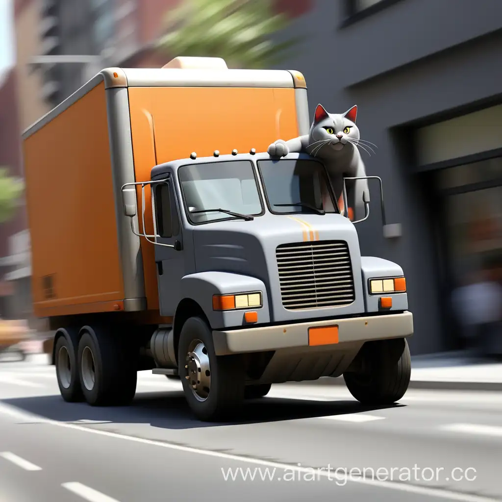 Speeding-Truck-Approaching-Gray-Cat