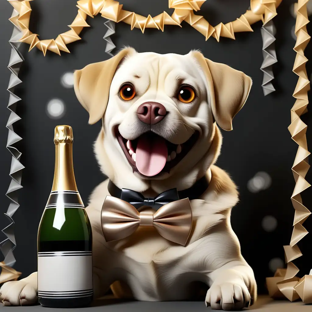 Joyful New Year Celebration Dog in Bowtie with Garlands and Champagne