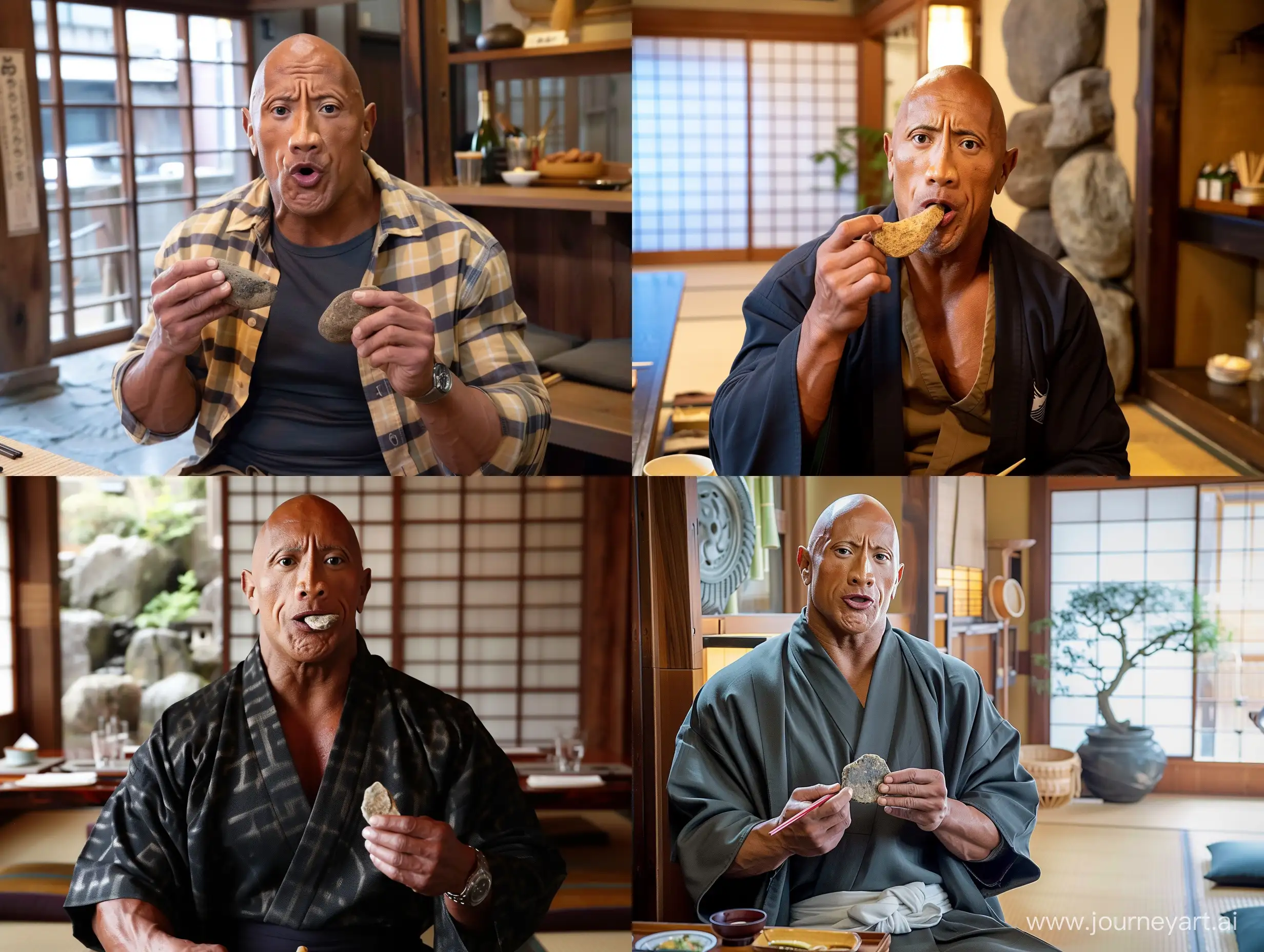 American actor Dwayne Johnson is sitting in a Japanese restaurant and eating rocks