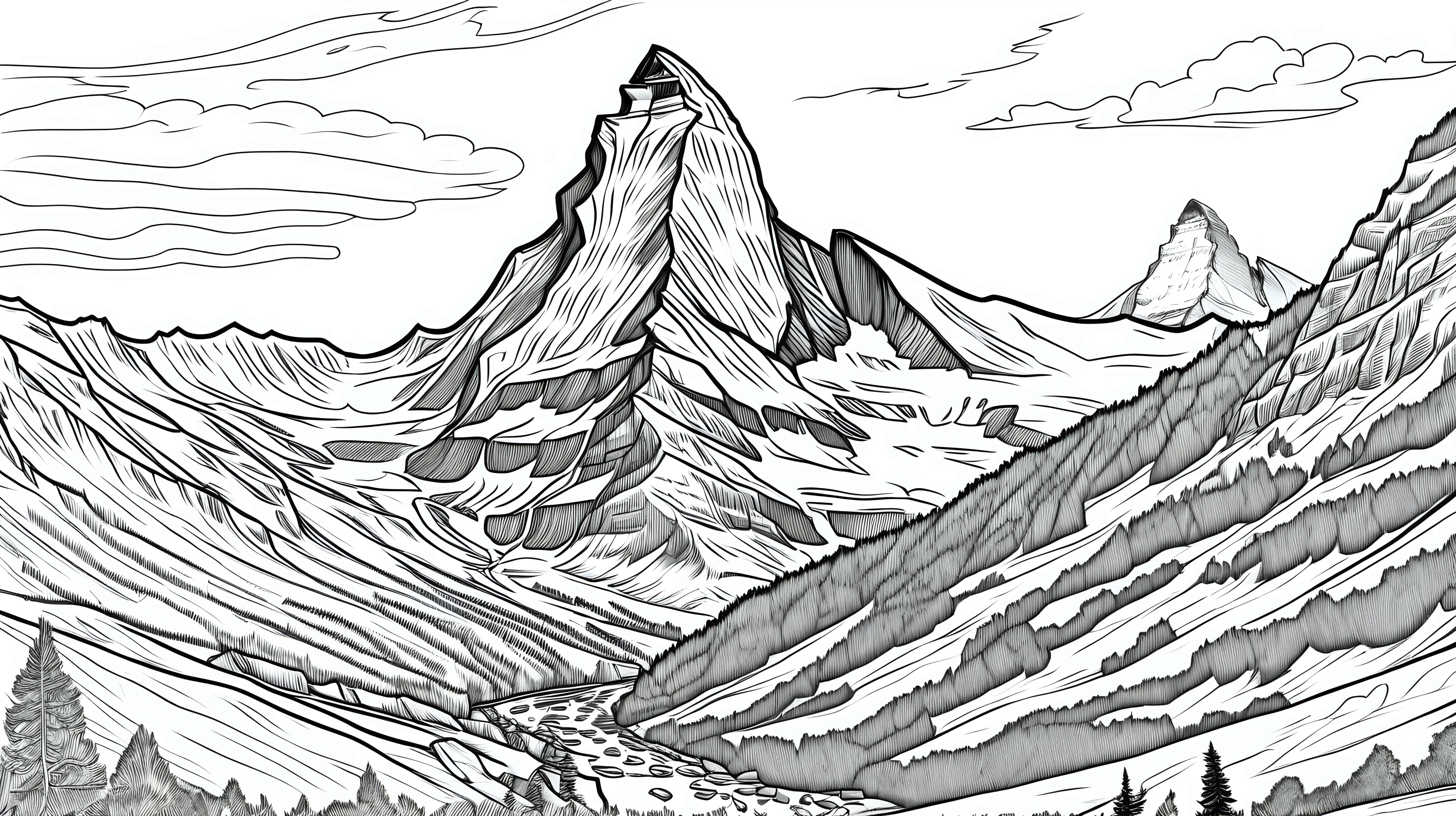 low detail coloring page of the Matterhorn with hiking trail in the foreground