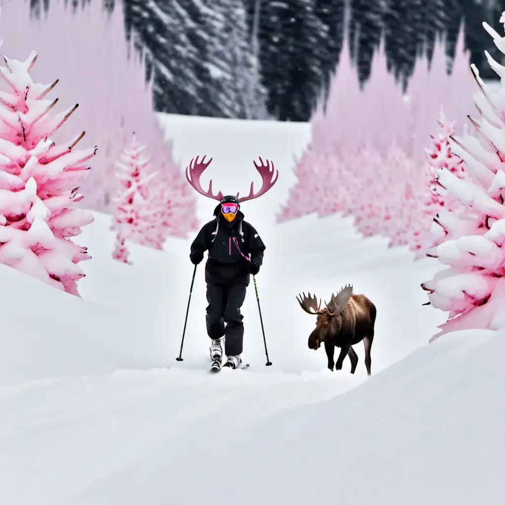Adventurous Skier in Pink Snow with Moose Antlers