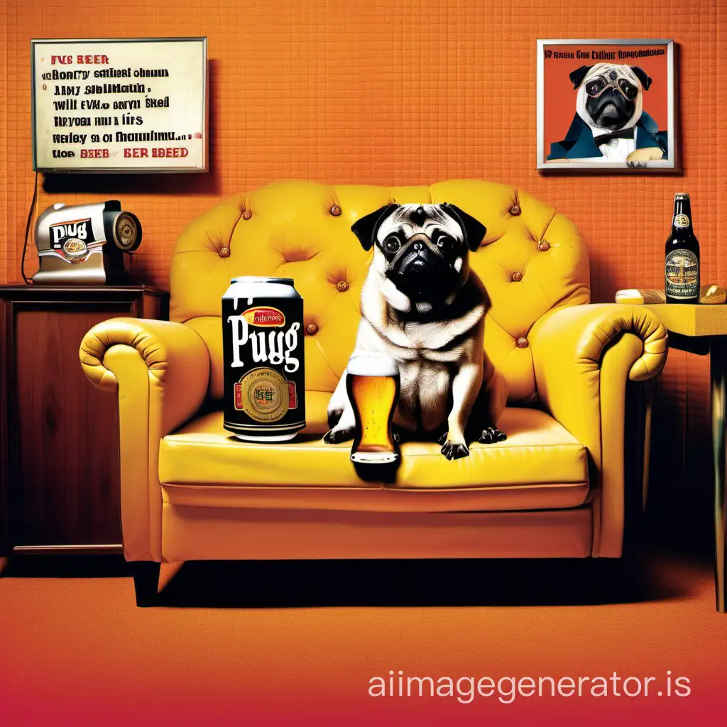 A pug sitting on a couch with a human dressed as beer by its side. In a 1970s advertising style.