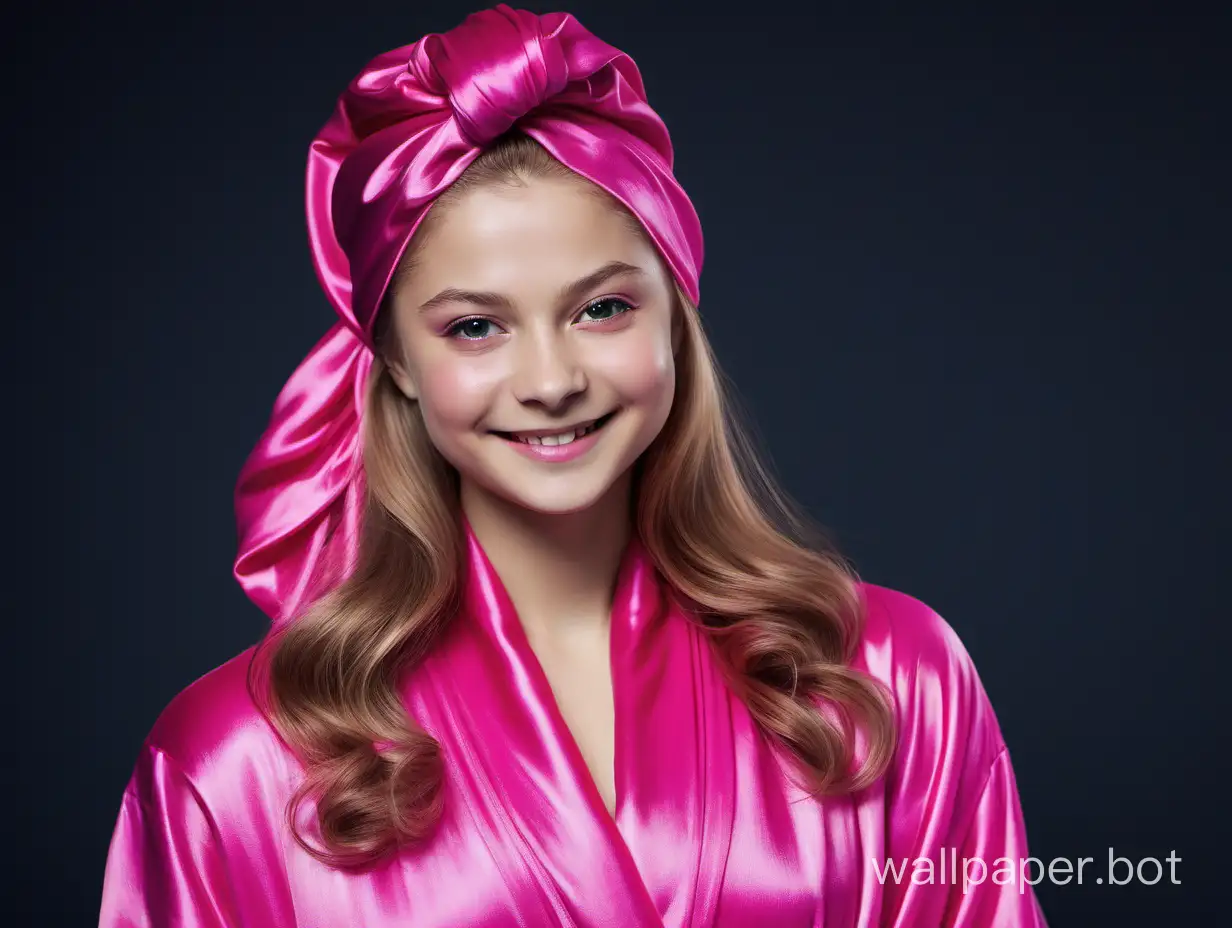 Юлия Липницкая улыбается с длинными волосами в шелковом халате цвета розовая фуксия с розовым шелковым полотенцем-тюрбаном на голове