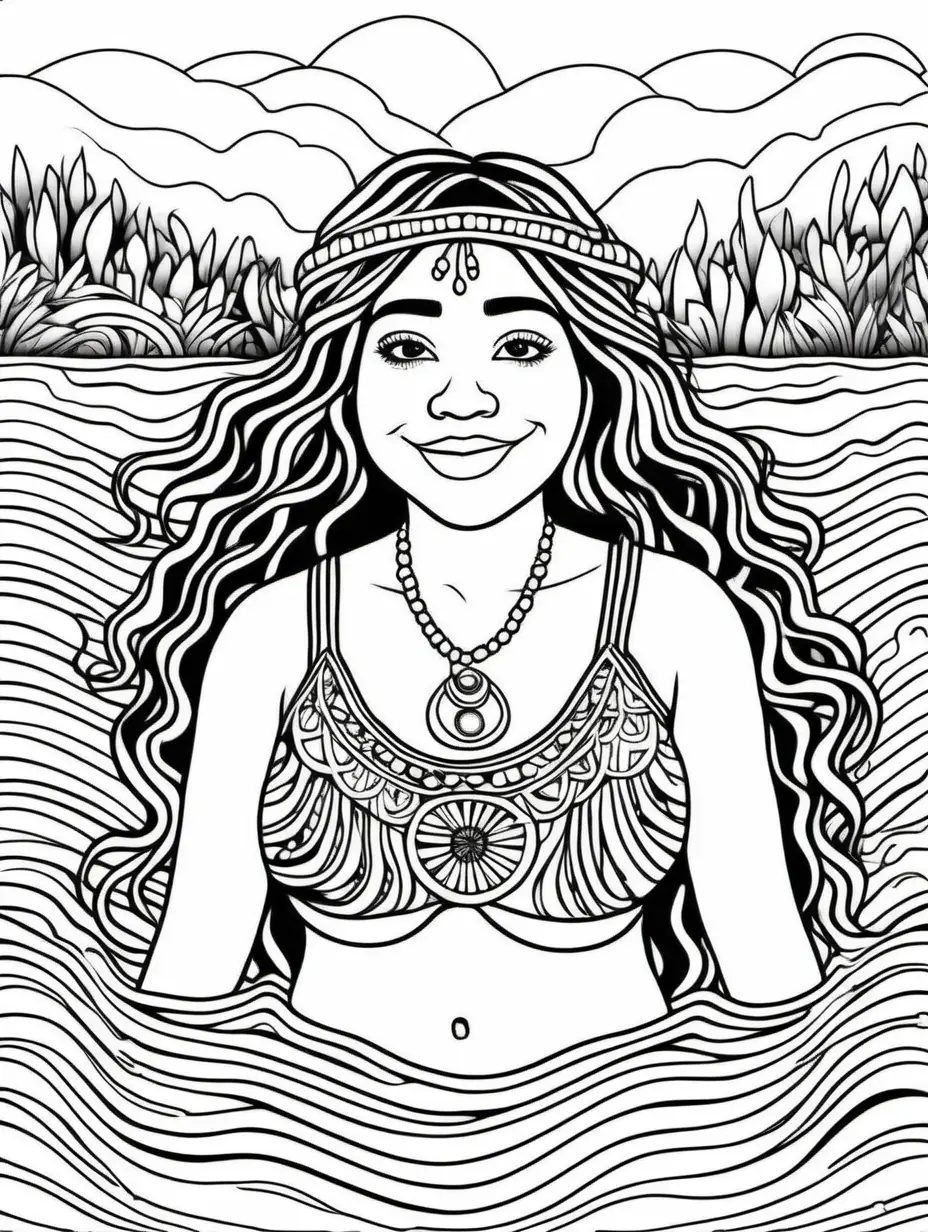 clean line art,simple,black and white,coloring book page,chubby hispanic hippy girl,happy,trippy,bohemian,boho, swimming in lake