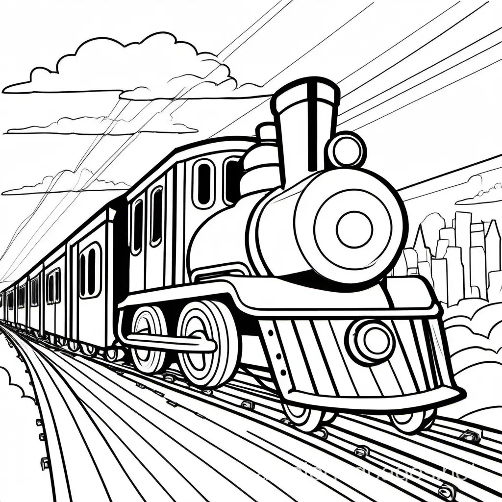 happy friendly playful fast TRAIN coloring book page for kids, Coloring Page, black and white, line art, white background, Simplicity, Ample White Space. The background of the coloring page is plain white to make it easy for young children to color within the lines. The outlines of all the subjects are easy to distinguish, making it simple for kids to color without too much difficulty, Coloring Page, black and white, line art, white background, Simplicity, Ample White Space. The background of the coloring page is plain white to make it easy for young children to color within the lines. The outlines of all the subjects are easy to distinguish, making it simple for kids to color without too much difficulty