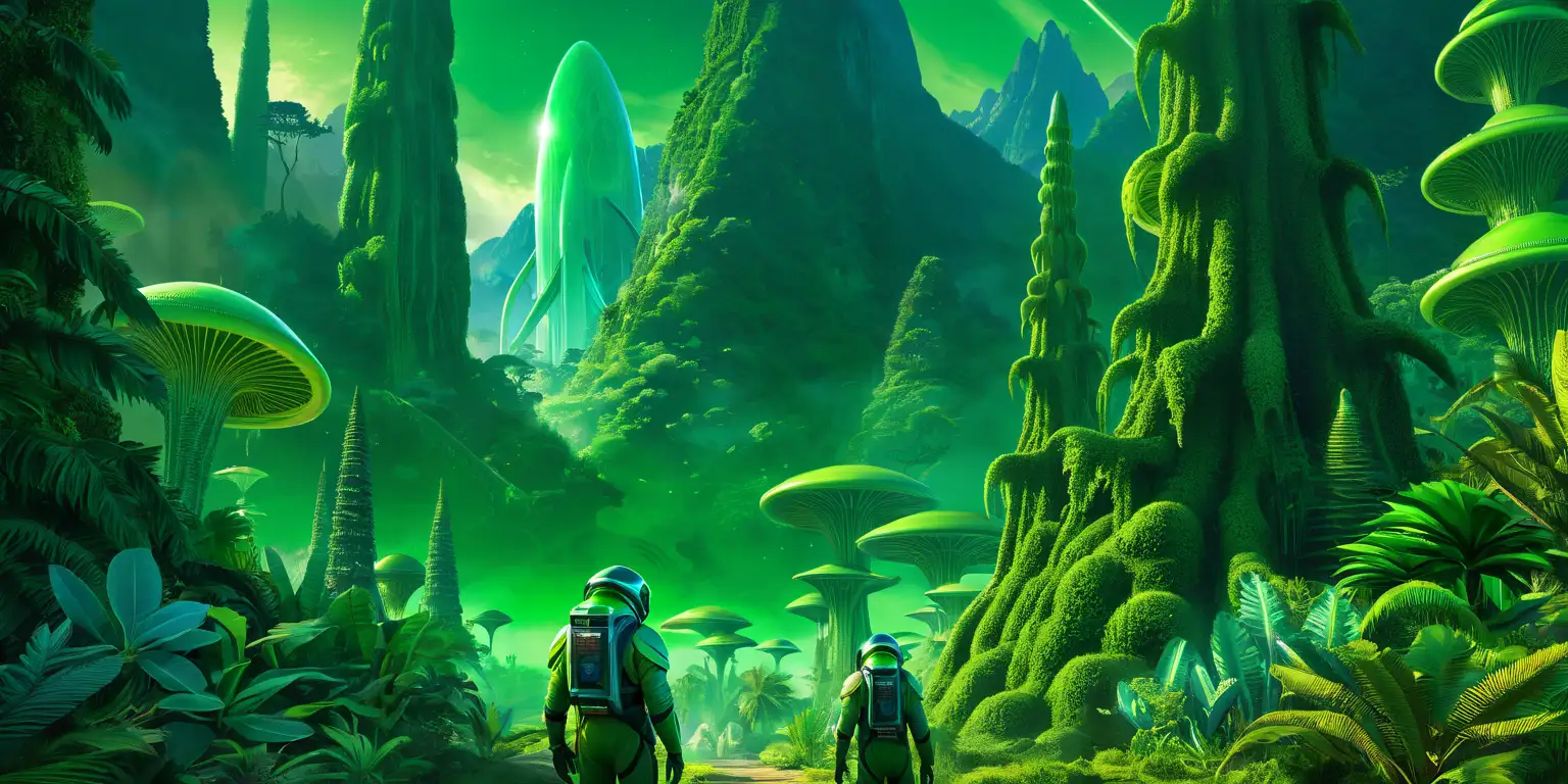 Exploring an Otherworldly Green Alien Forest in NeoFuturistic Spacesuits