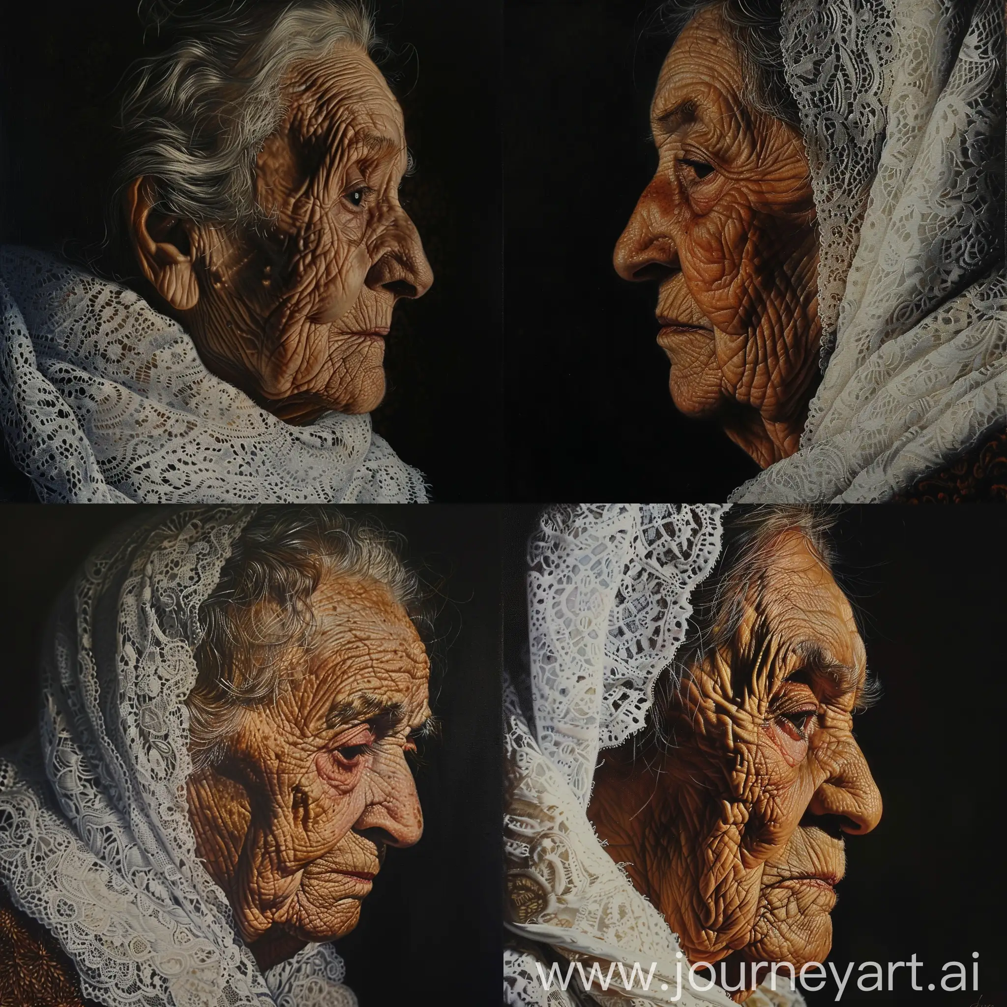 Vibrant color artistic portrait of an old woman, with a white lace scarf, done in tempera, with many wrinkles on the face, half profile, darkened face, sfumato, claire obscure, stronger light on one side of the face, dark background,