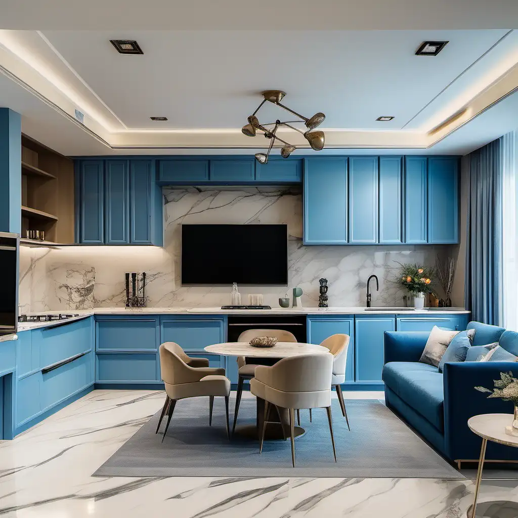 living room together with kitchen, kitchen furniture in blue color, countertop light marble, TV cabinet in cashmere color, make the table round and the chairs and sofa suitable for the listed things