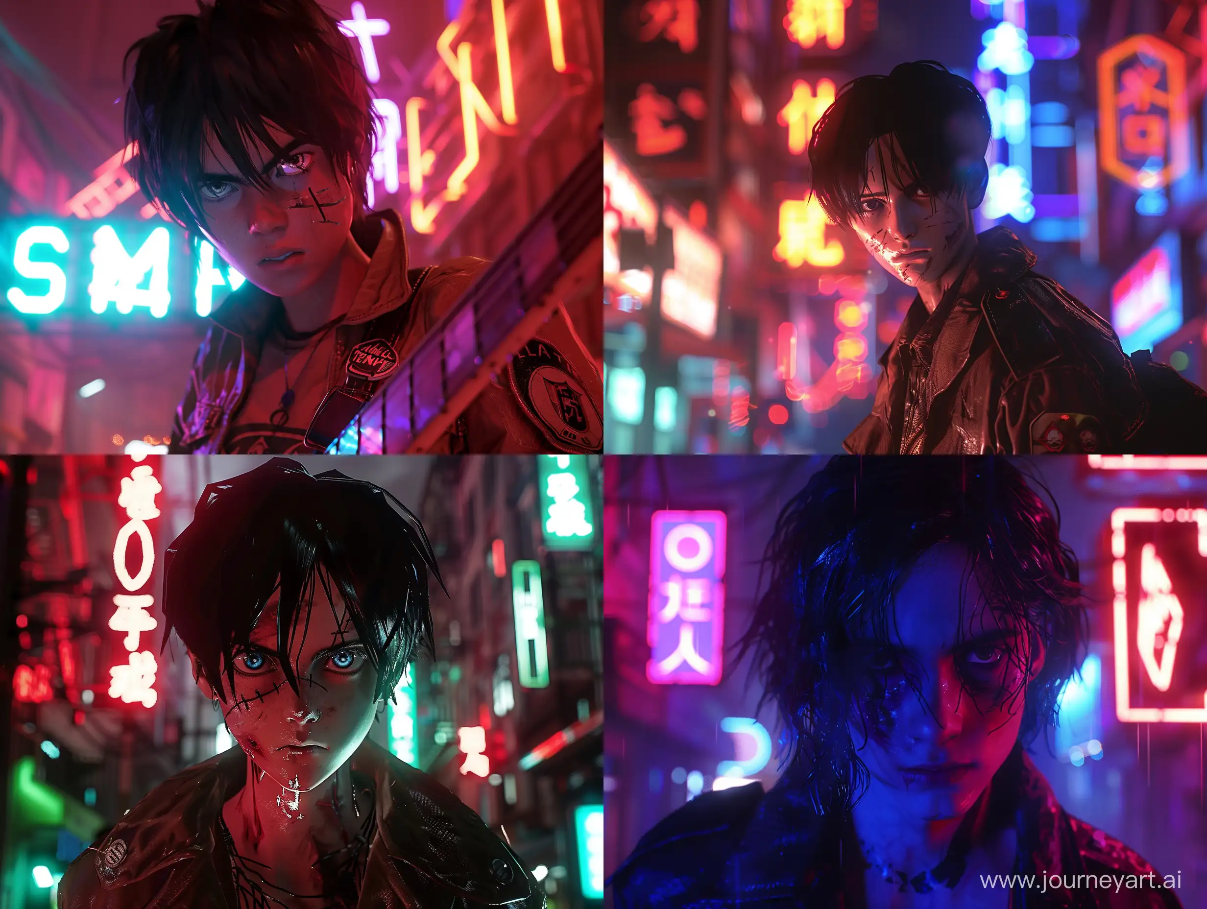 Eren Yeager from Attack of the Titans. front view Guy. Rocker, in the neon light. a noir night. Action. 8 to unreal engine