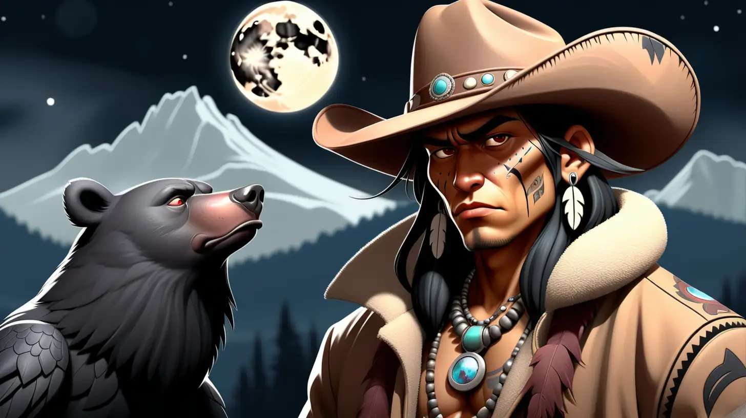 in dark tone , anime style, a thick native American wearing a cowboy hat, with a bear paw tattoo on chin, wearing a coat, over looking a night mountain with a big moon, with flying crows in the distance.  show the landscape.