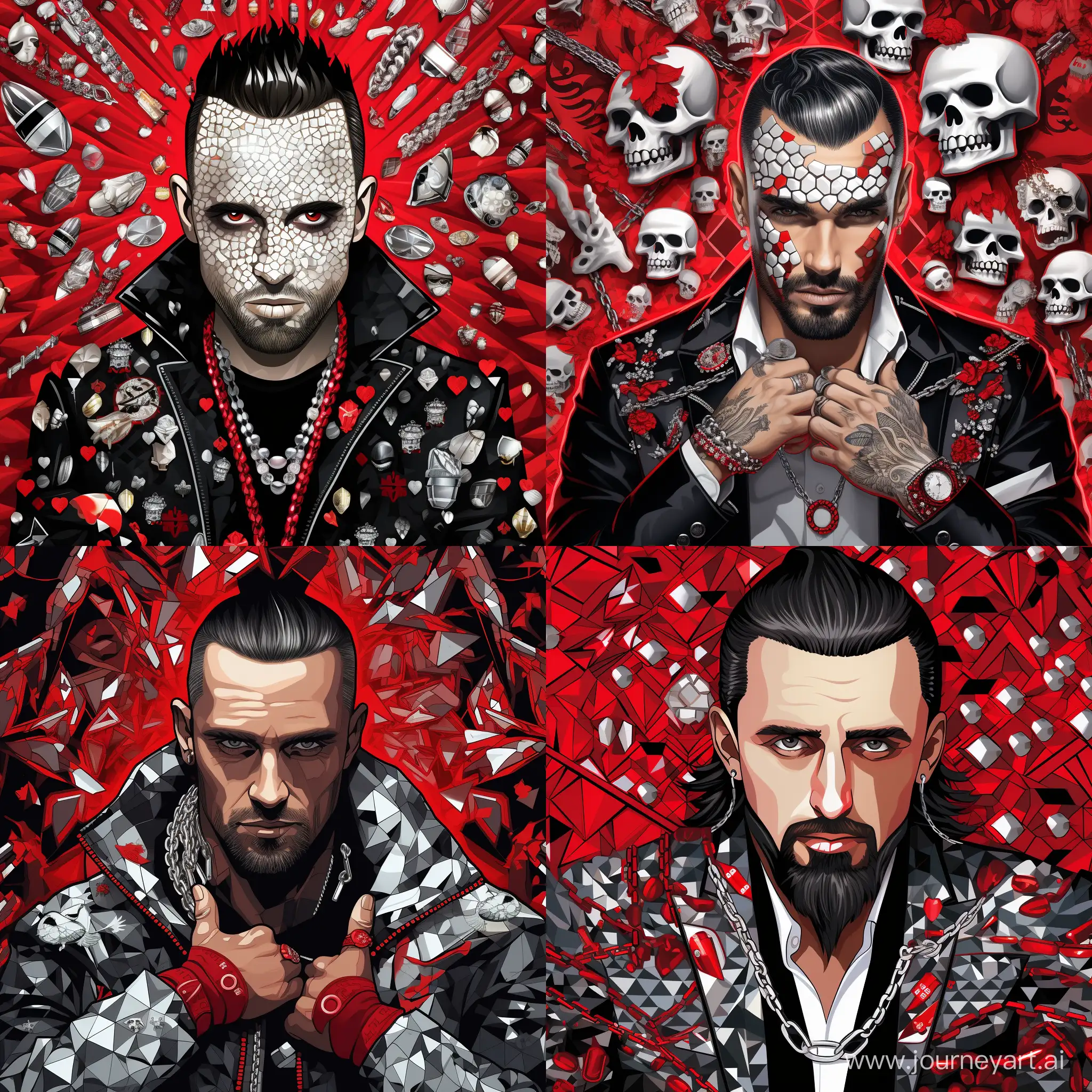 Portrait of Philippe Plein, many details, complex, on the background of a diamond pattern, accessories with a skull black, white, red, gray, caricature, cartoon style, pop art style, fashion illustration style