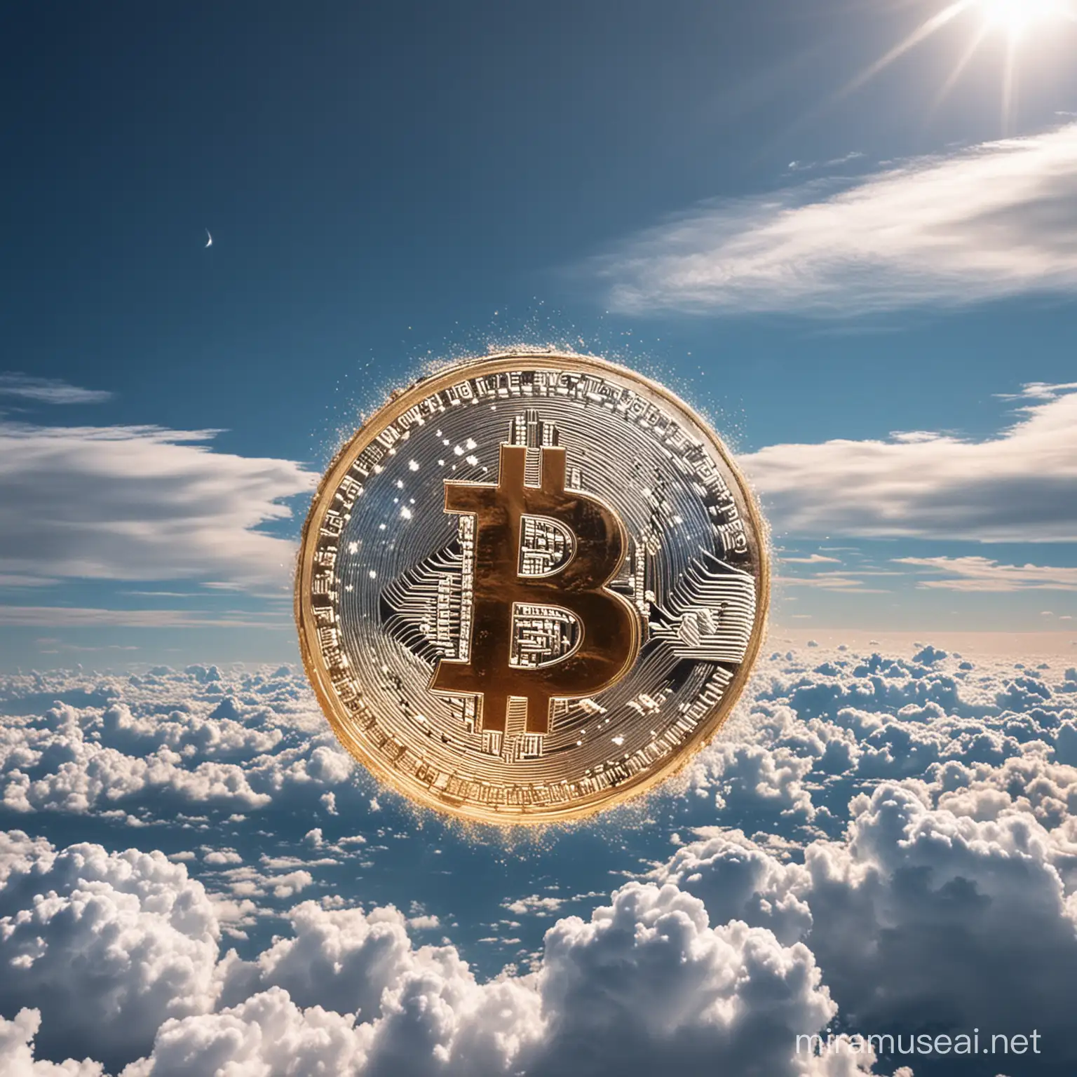 Bitcoin Floating in Celestial Sky