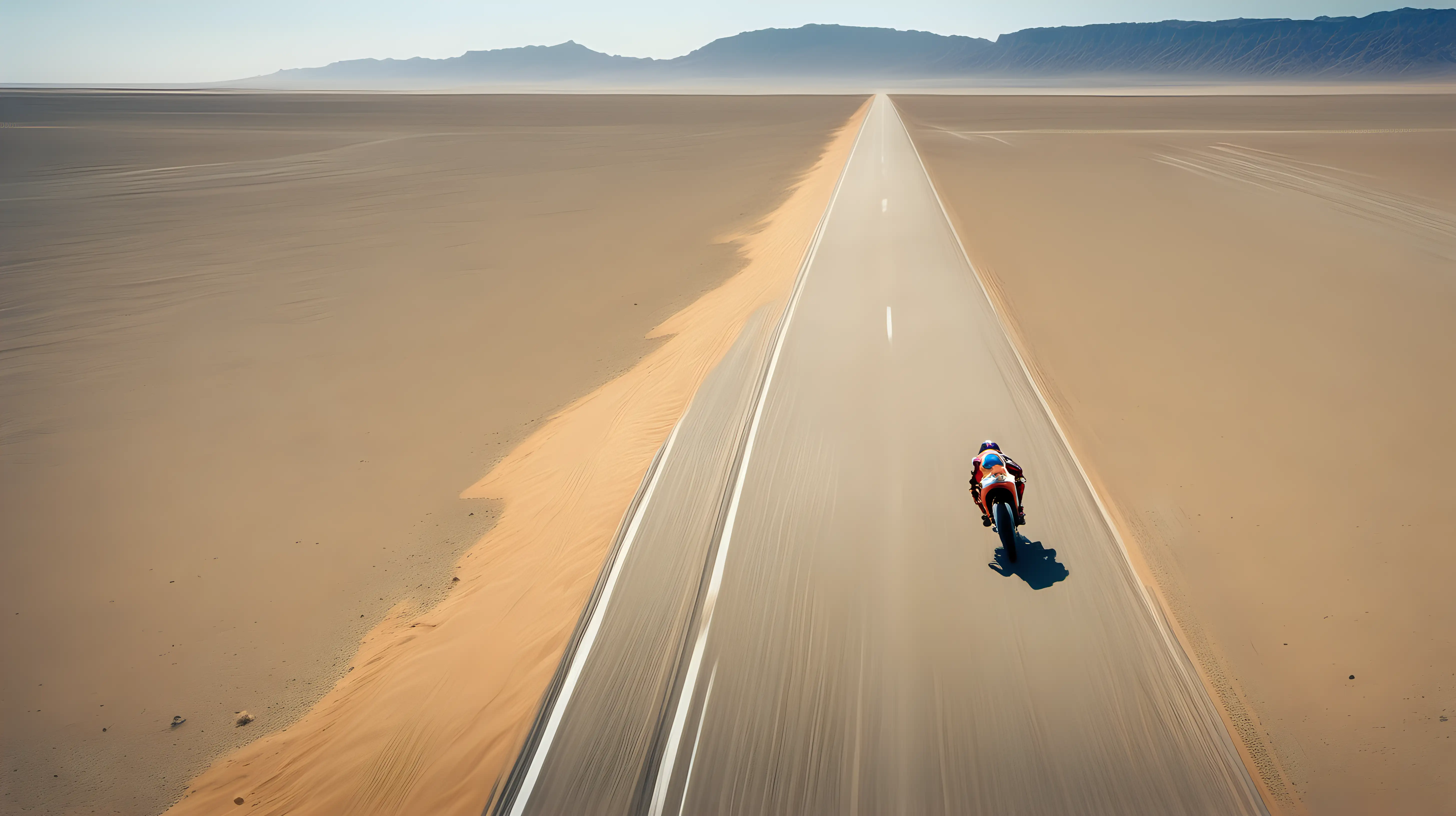 A stunning aerial shot of a racing bike speeding along a deserted desert highway, the rider's brightly colored racing suit standing out against the vast expanse of sand.