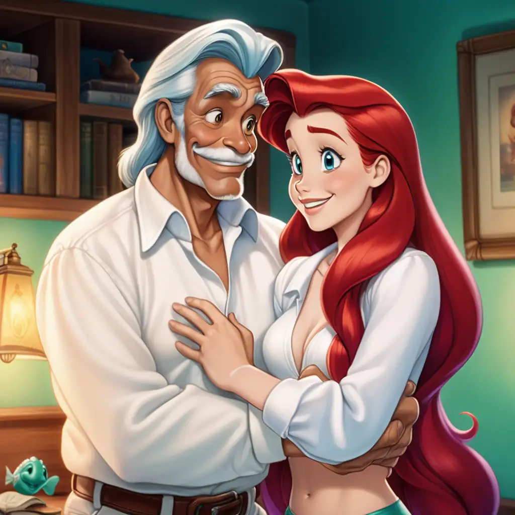 Romantic Embrace in a WellLit Student Room Featuring an Andean Man and Ariel Lookalike
