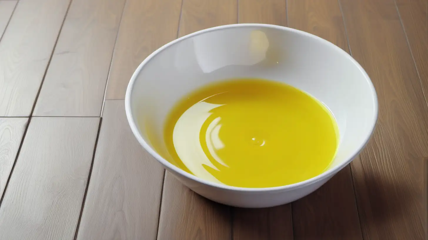 Bright Yellow Liquid in a Clean White Bowl on Wooden Flooring