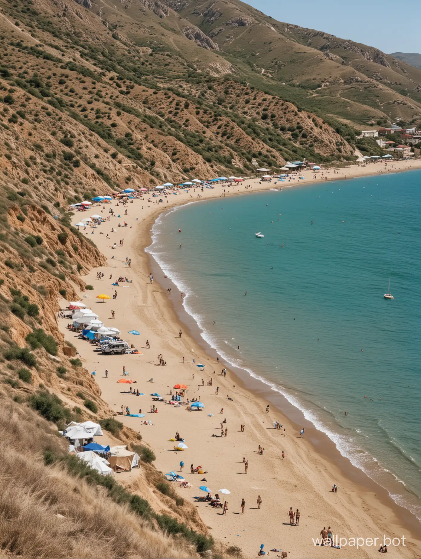 Crimea, Koktebel, beach in the distance, yacht, few people, nudists, tents
