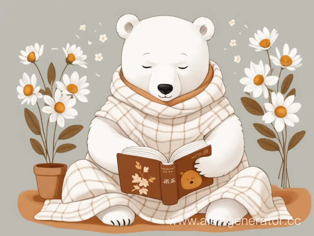 Маленький милый спокойный белый медведь задумчиво читает книжку укрывшись теплым пледом и пьёт горячий чай. Вокруг милые цветочки мудрости. Картинка теплая и уютная в минималистичнском стиле.