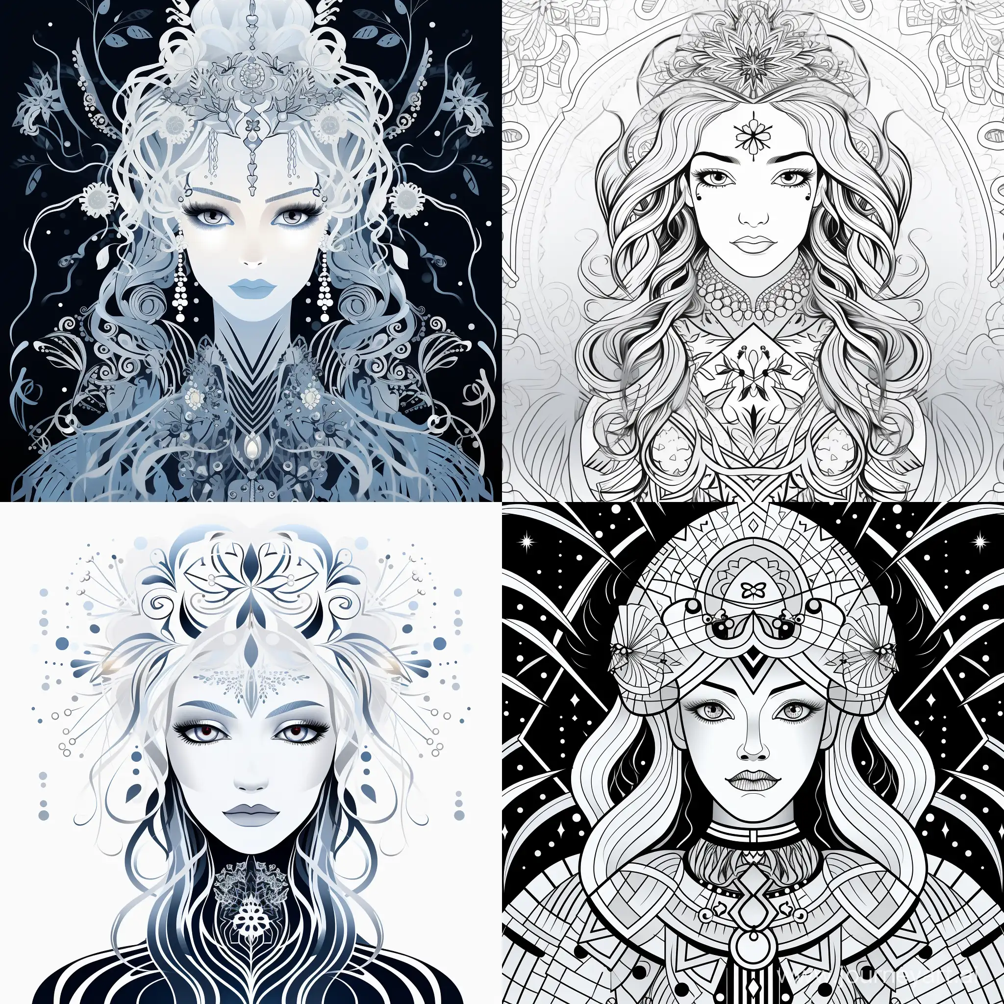 snow queen in ethnic patterns style, in simple and minimalistic vector style, lsingle-weight line art illustrations,