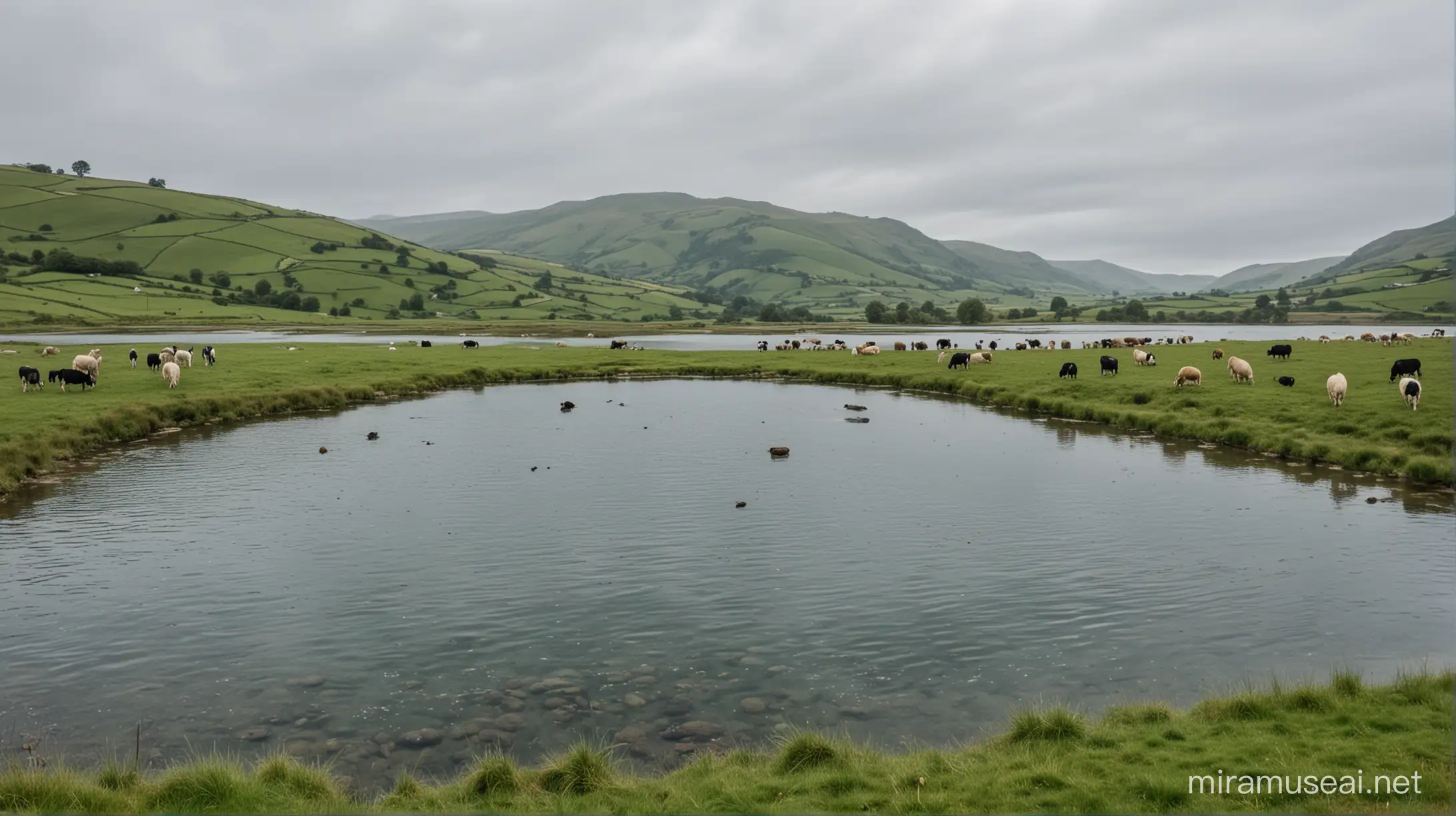 Could I get an image that the point of view is above the water, and we see various sized fish swiming below, And in the distance on hilly land, we see cows and sheep grazing