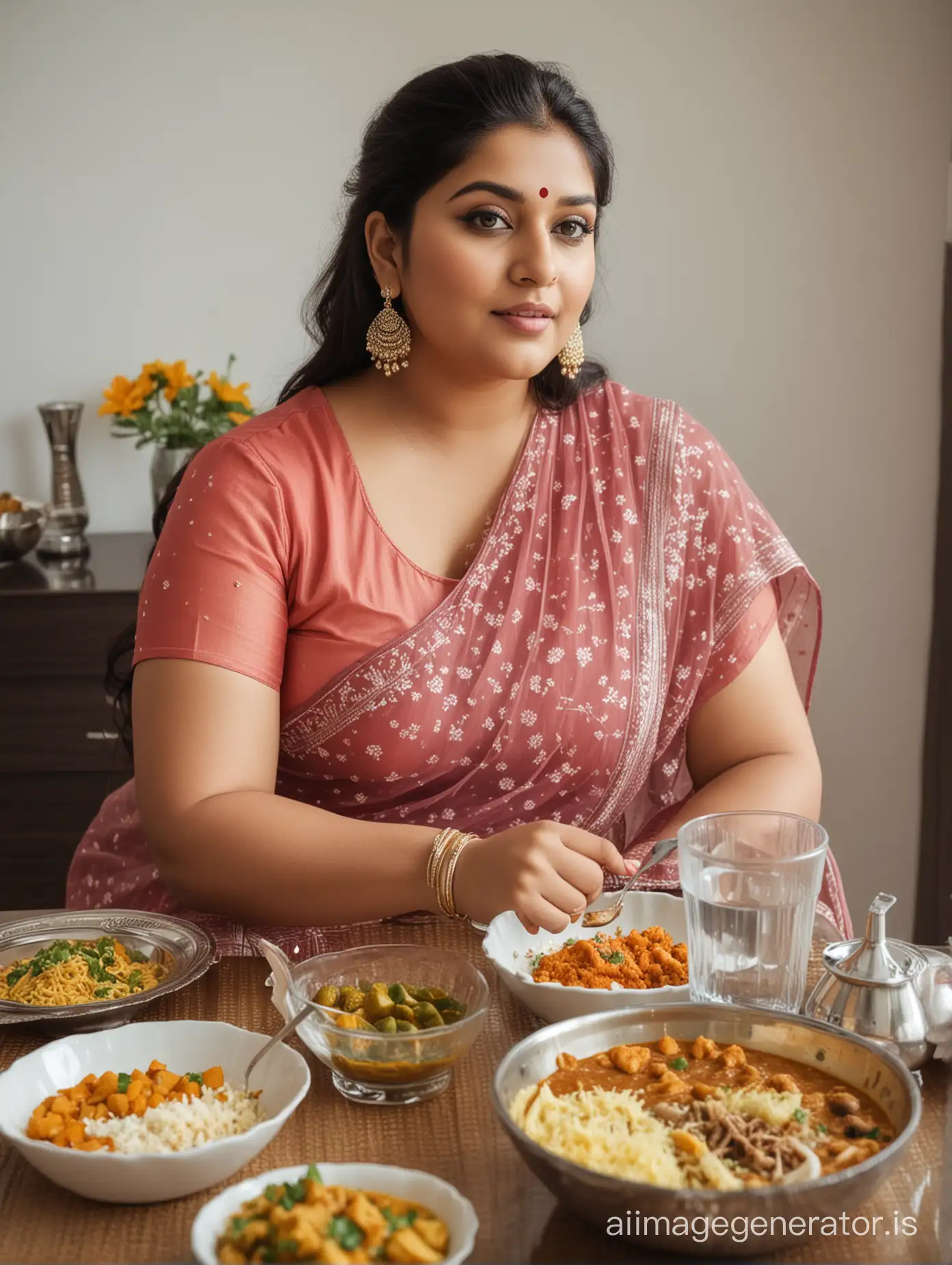Beautiful indian plus size women wore transparent sleeveless salwar sit at dining table eating lunch