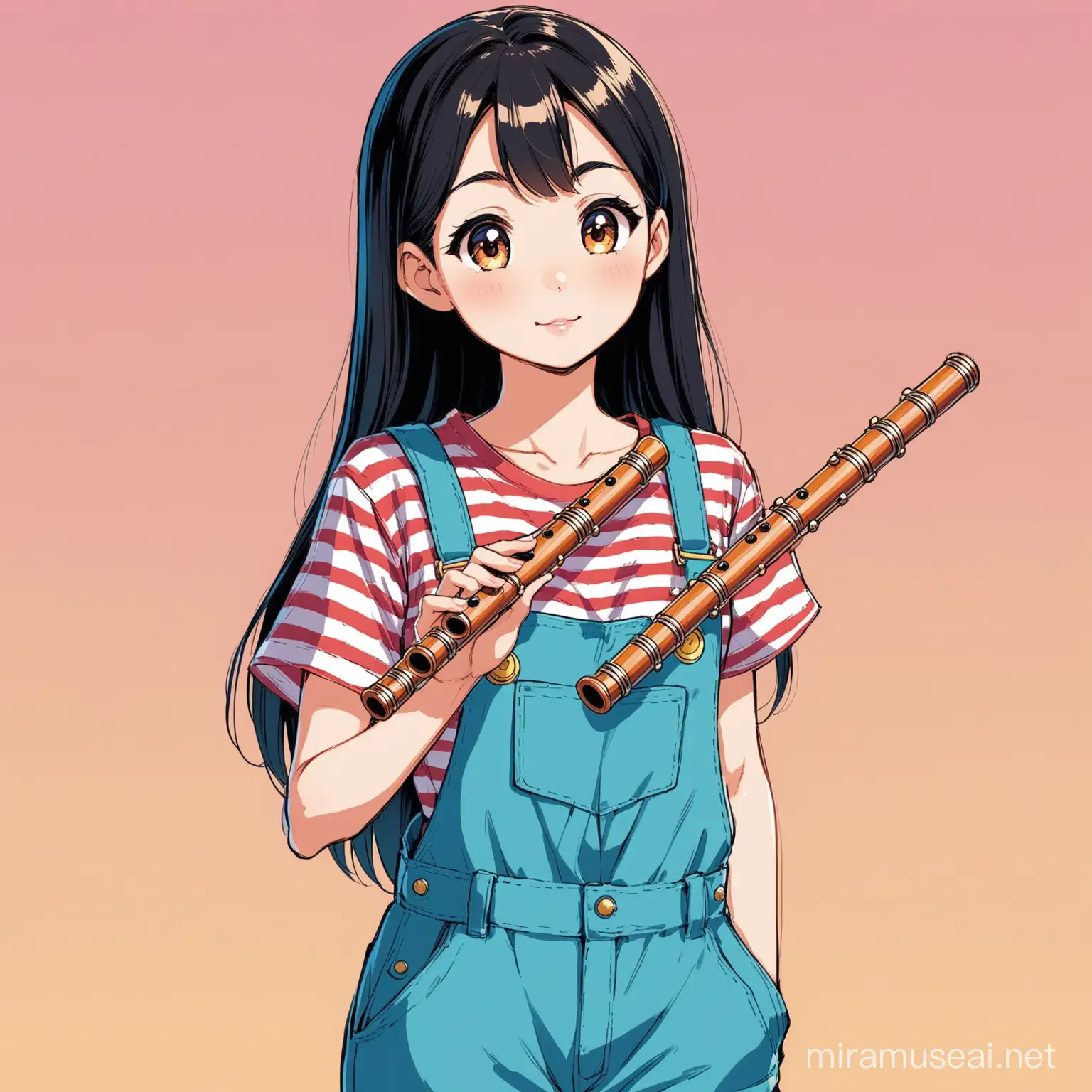 disney style japanese teenager,wearing overals,stripped shirt, holding dizi flute,