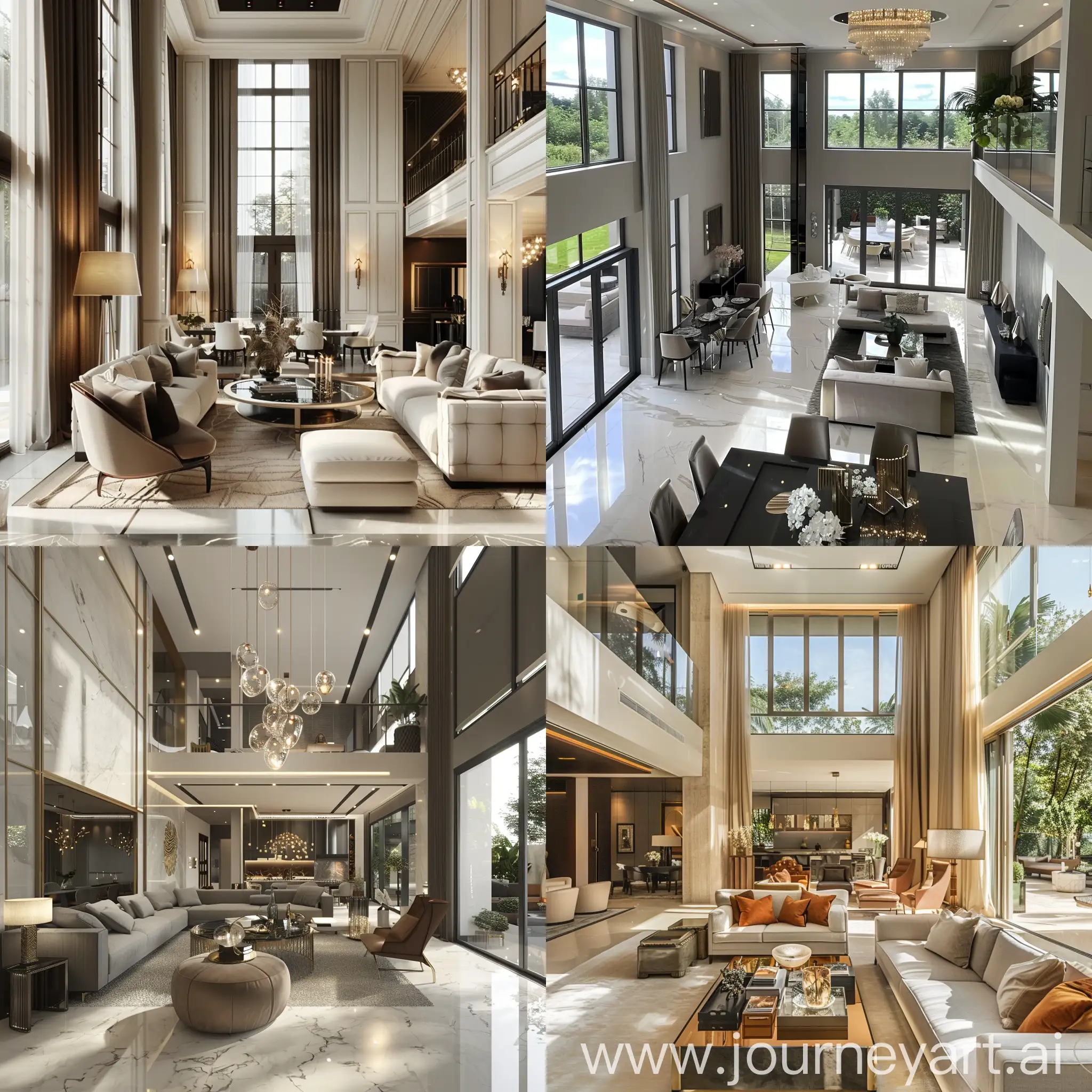 A luxurious dream house that is open plan, featuring sophisticated and elegant furniture. The interior design showcases spacious living areas with large windows allowing plenty of natural light.