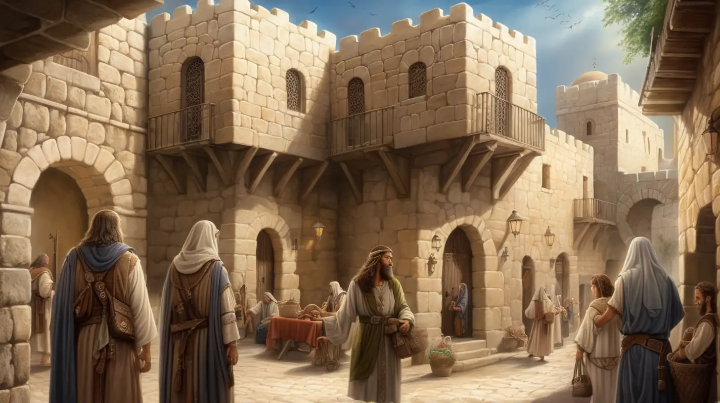 epoque biblique, à l'intérieur d'une ville fortifiée, des maisons, des hébreux hommes et femmes dans les rues, ambiance magique