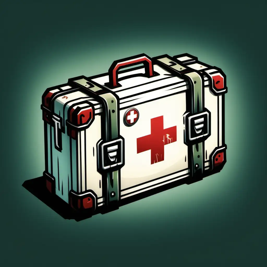 A stylized image of a medikit, graphic novel style, an icon for a post-apocalyptic game representing 'first aid'.