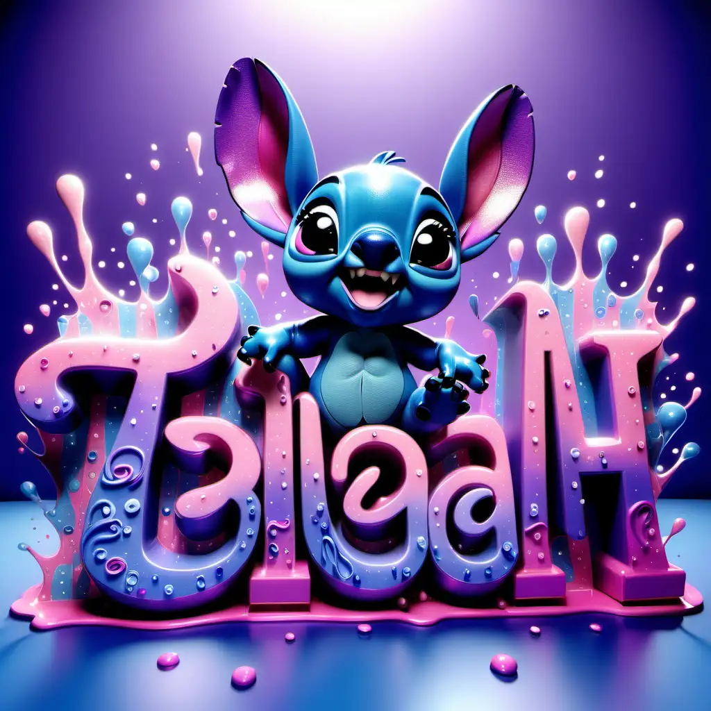 3d image with name Taleah in cursive bold letters with cartoon character Stitch in each letter with blue, lavender and pink, iridescent lighting, splashes of pink and lavender and blue in the background.