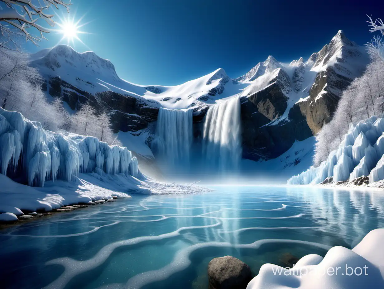 Majestic-Snowy-Mountain-Range-and-Tranquil-Frozen-Waterfall-Wallpaper