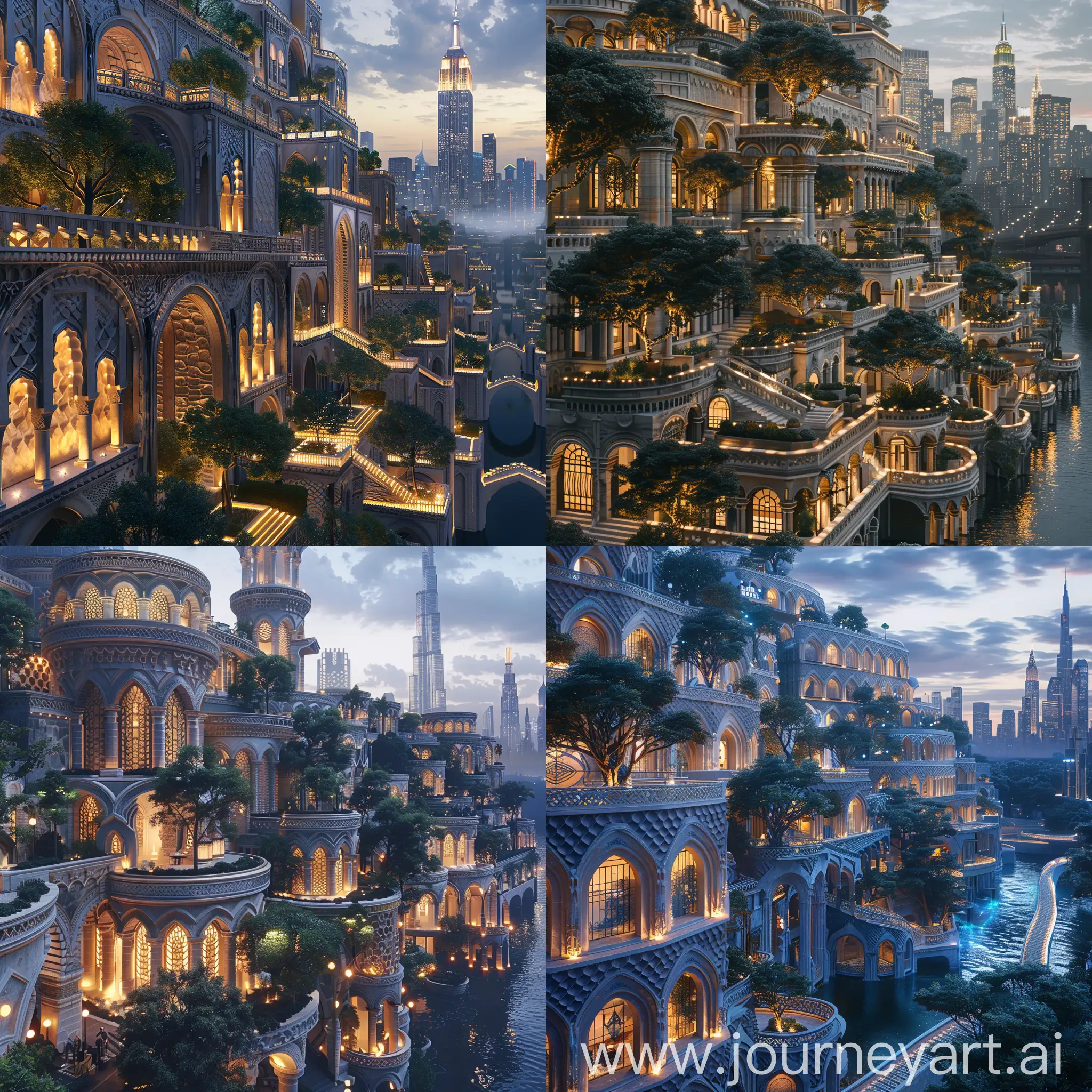 Beautiful futuristic metropolis in an alternate timeline where all buildings retain traditional elements, ornate travertine architecture with scale-like patterns on facades and illuminated trees, monumental terraced buildings, canals, New York City vibe, beautiful fictional skyscrapers in distance, photograph