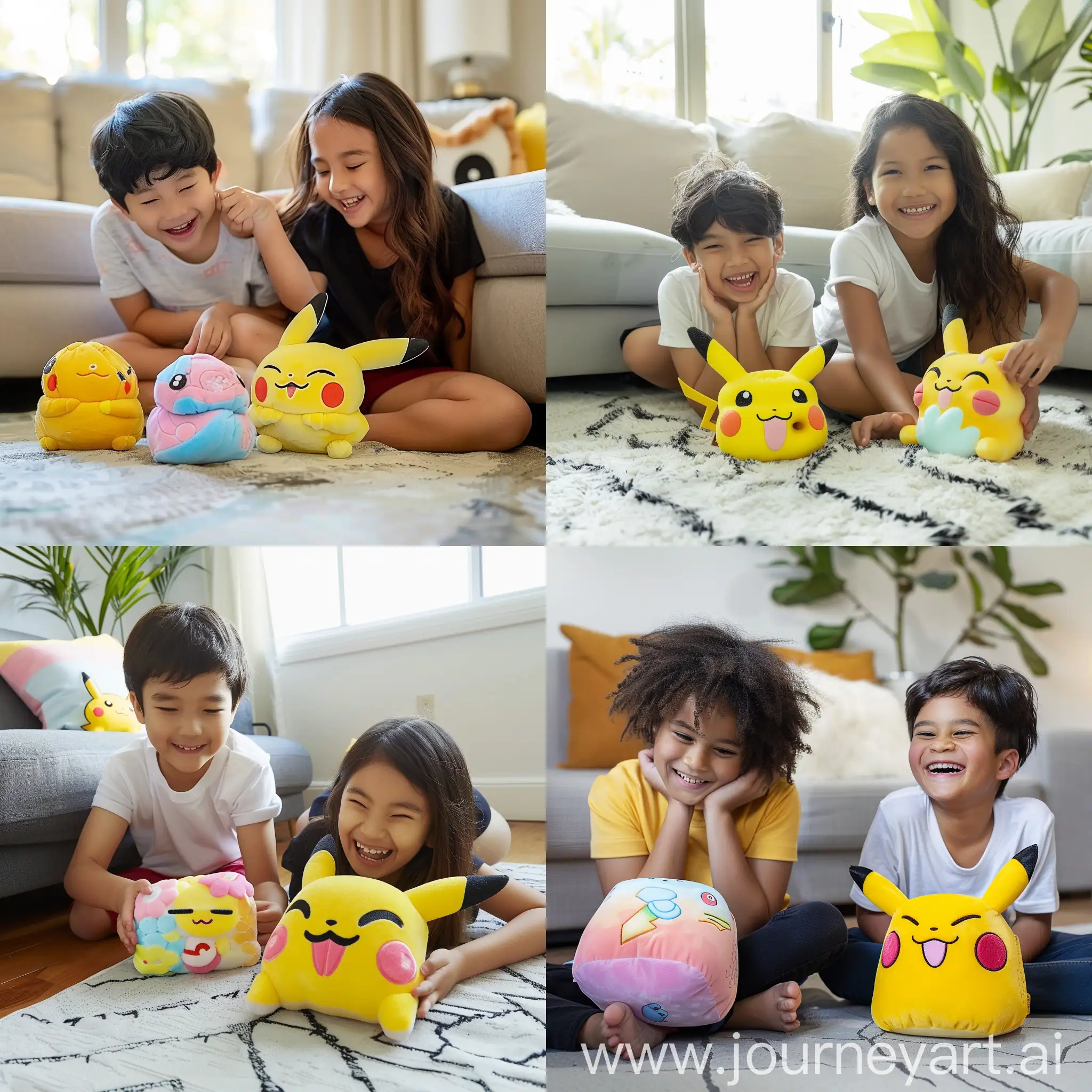 two kids playing with winking pikachu squishmallows
