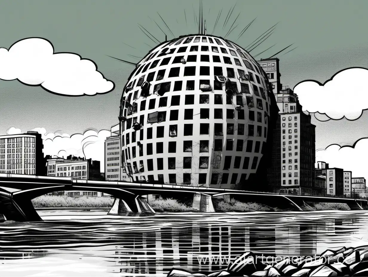 Noir-Comic-Style-Riverbank-Building-Shaped-Like-a-Bomb