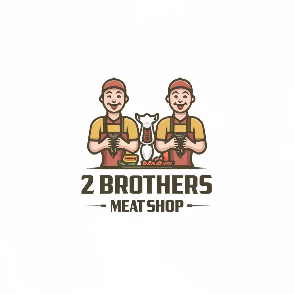 a logo design, with the text '2 brothers meat shop', main symbol: 2 brothers and goat meat, Moderate, clear background meat should be in plate and not cooked