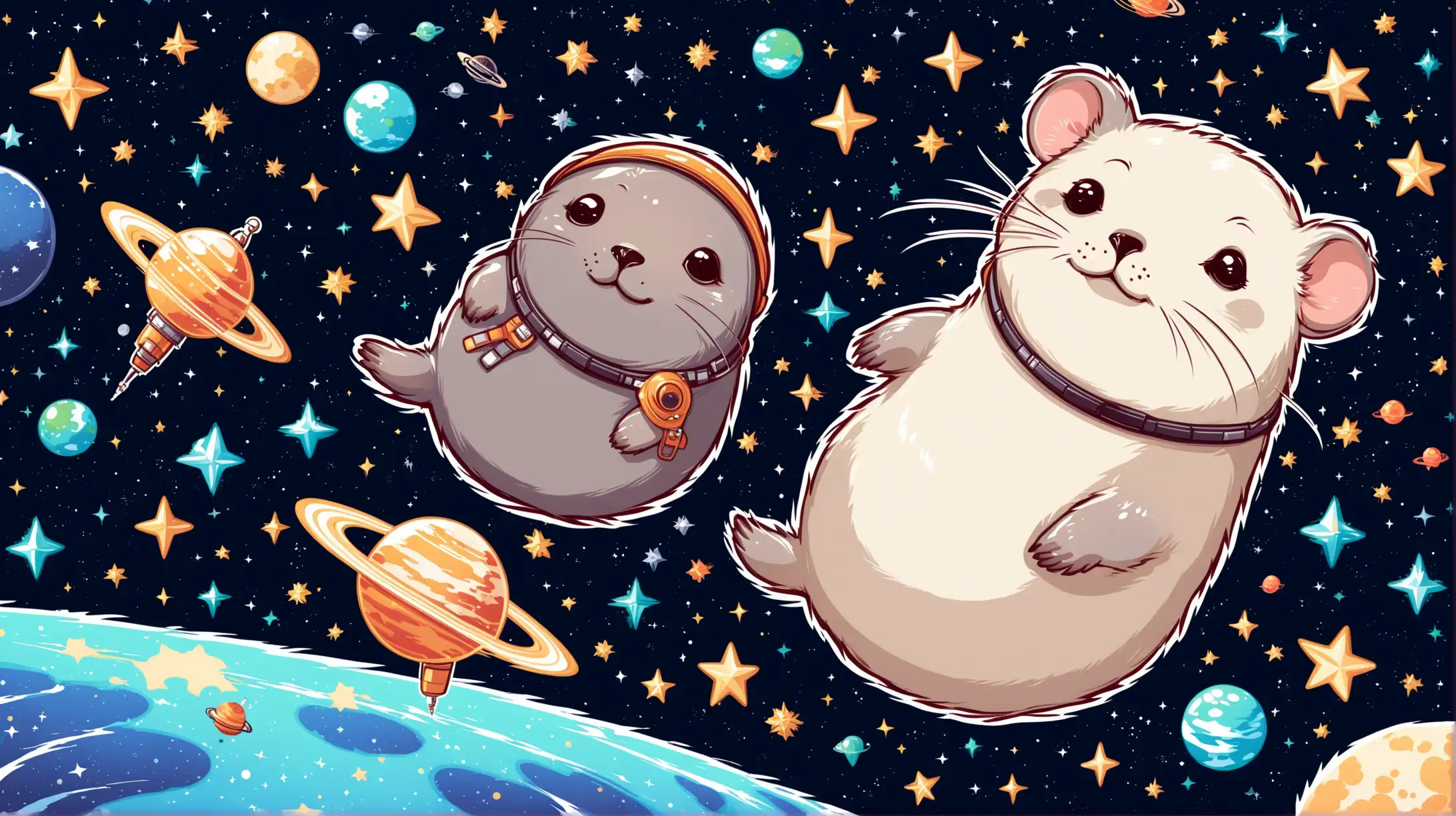 Space Adventure Seal and Decorative Rat Exploring the Cosmos