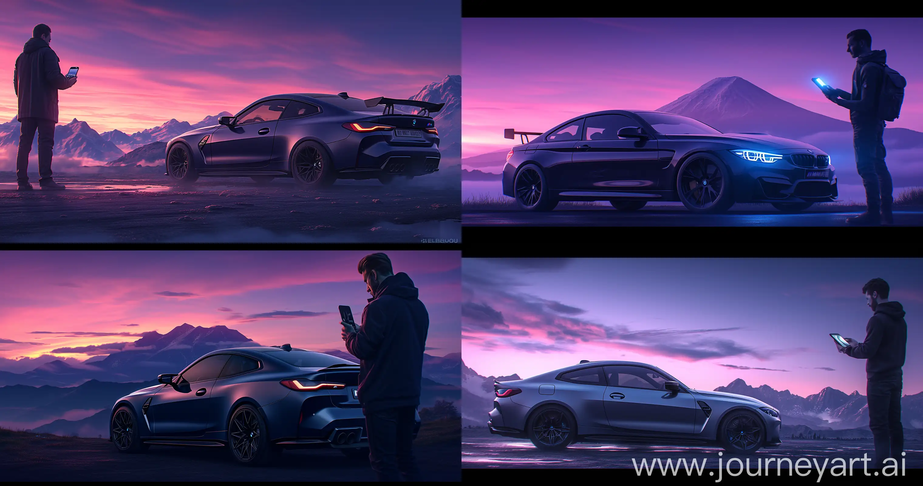 BMW M4 parked in a scenic landscape, dramatic long shot, purple twilight sky backdrop, mountains, influenced by Christopher Nolan's IMAX cinematography, detailed car showcase, man holding an iPhone 15 Pro Max with screen visible, wallpaper-worthy, expansive, high fidelity, aspect ratio equivalent to IMAX --ar 19:10 --s 600 --niji 6