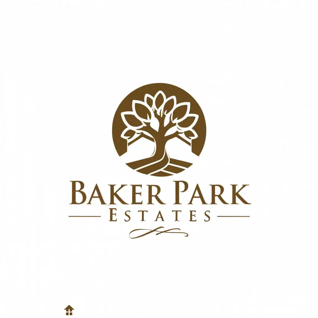 a logo design,with the text "BAKER PARK ESTATES", main symbol:oak trees, TRAIL,Minimalistic,be used in Real Estate industry,clear background