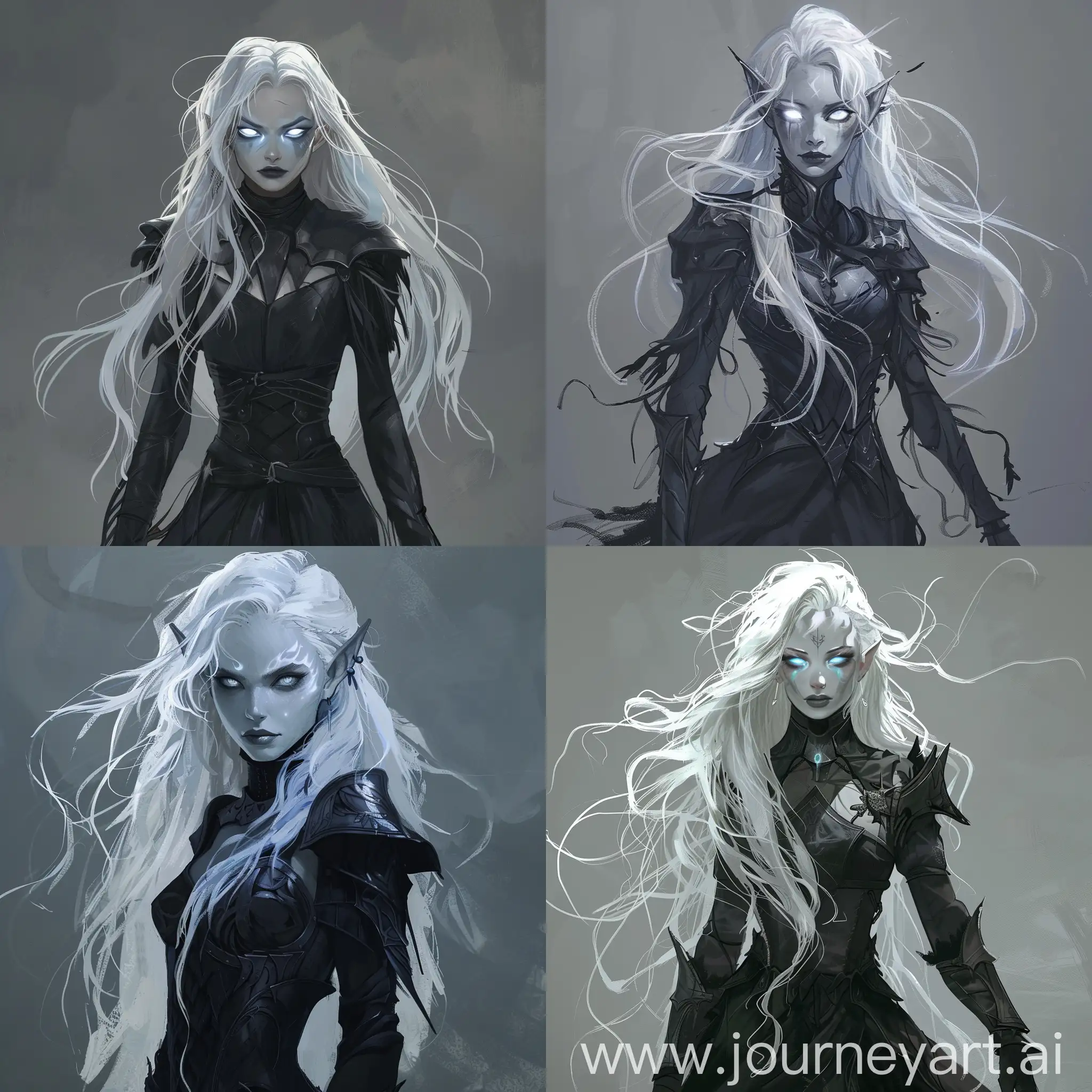 Character concept art. Full body. Dark (Drow) elf goddes, white-silver long hair, messy hairstyle, light-blue and white eyes color, glow eyes effect, dark lips, studying gaze, serious face, black dress armor, strict dress, long sleeves, midnight. Image is sinister and in gray tones.