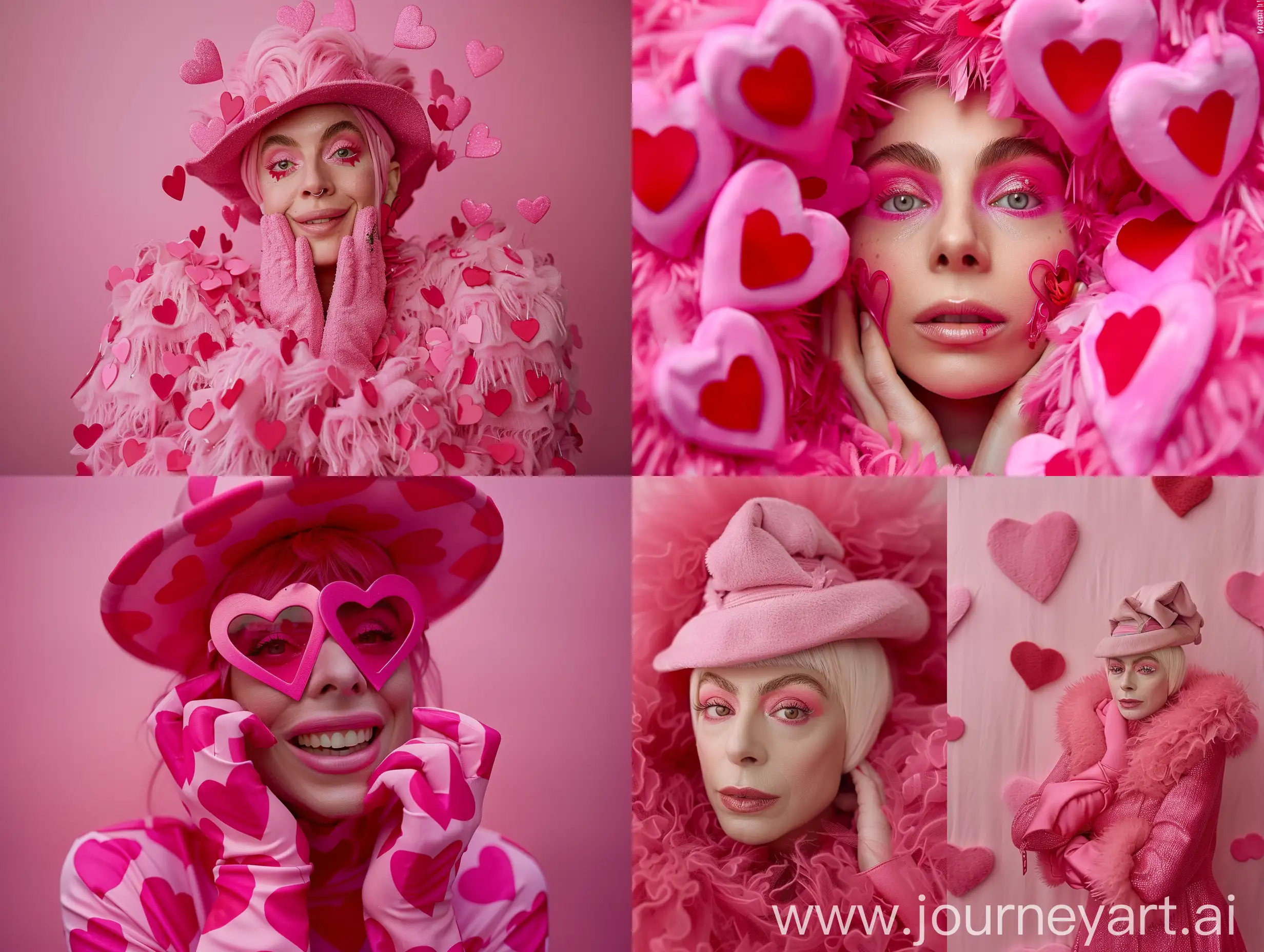 {subject} the style of fashion photography, pink everywhere, hearts, marat safin, cheerful colors, lovecore, no hands, subtle smile lady Gaga