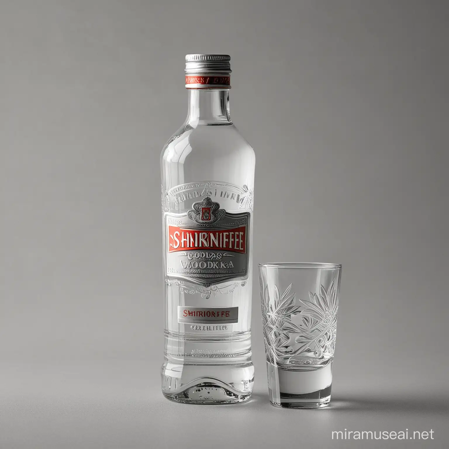 Schnaps Glasses and Smirnoff Vodka Bottle on Gray Background