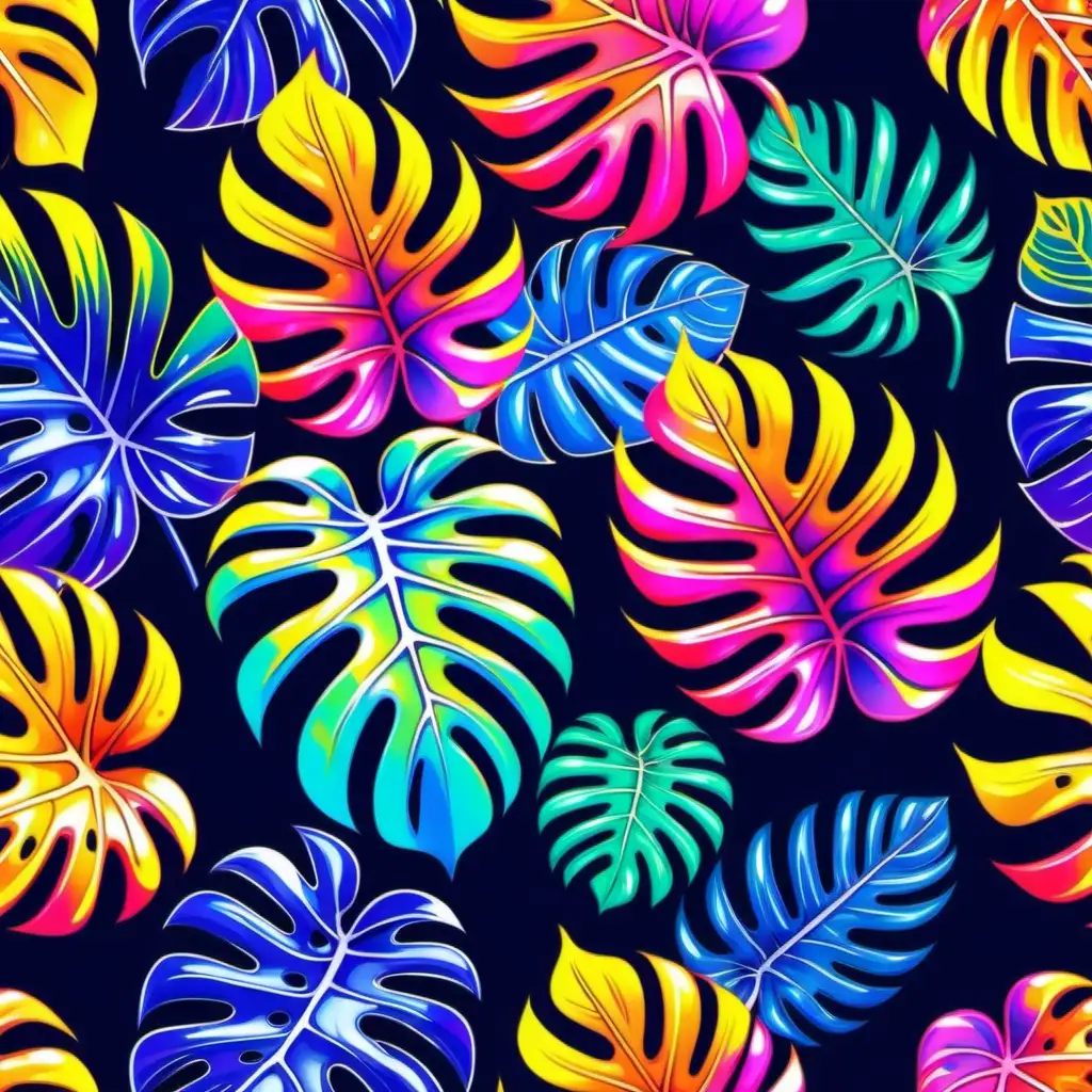 Vibrant Colorful Monstera Leaves in Lisa Frank Style