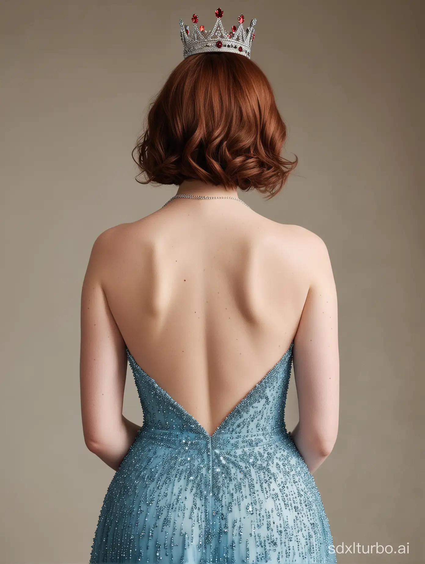 Emma Stone，plump，((full body,back view))，naked，huge breast, red lips，blue eyes，focus on eyes，upper body，with a red Diamond crown on her head and a blue dress on her body，back view， by Jessica Durrant