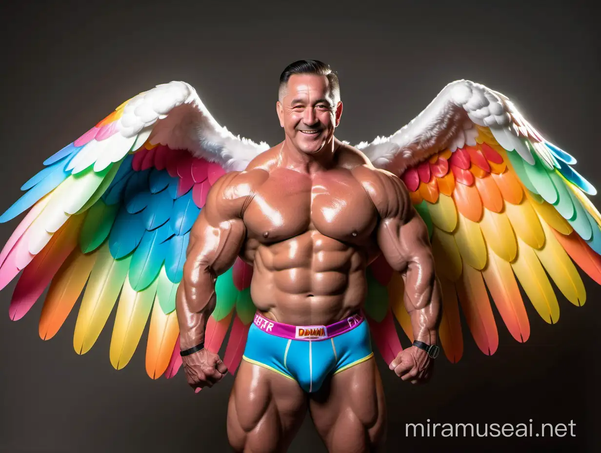 Studio Light Topless 40s Ultra Chunky Bodybuilder Daddy Wearing Multi-Highlighter Bright Rainbow Colored See Through huge Eagle Wings Shoulder Jacket short shorts and Flexing his Big Strong Arm Up with Doraemon