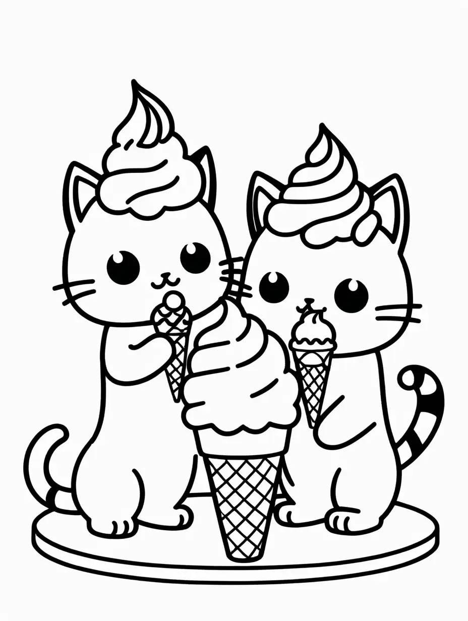 Coloring page for kids with two cute kawaii cats licking an ice cream cone with whipped cream, black lines and white background only black and white