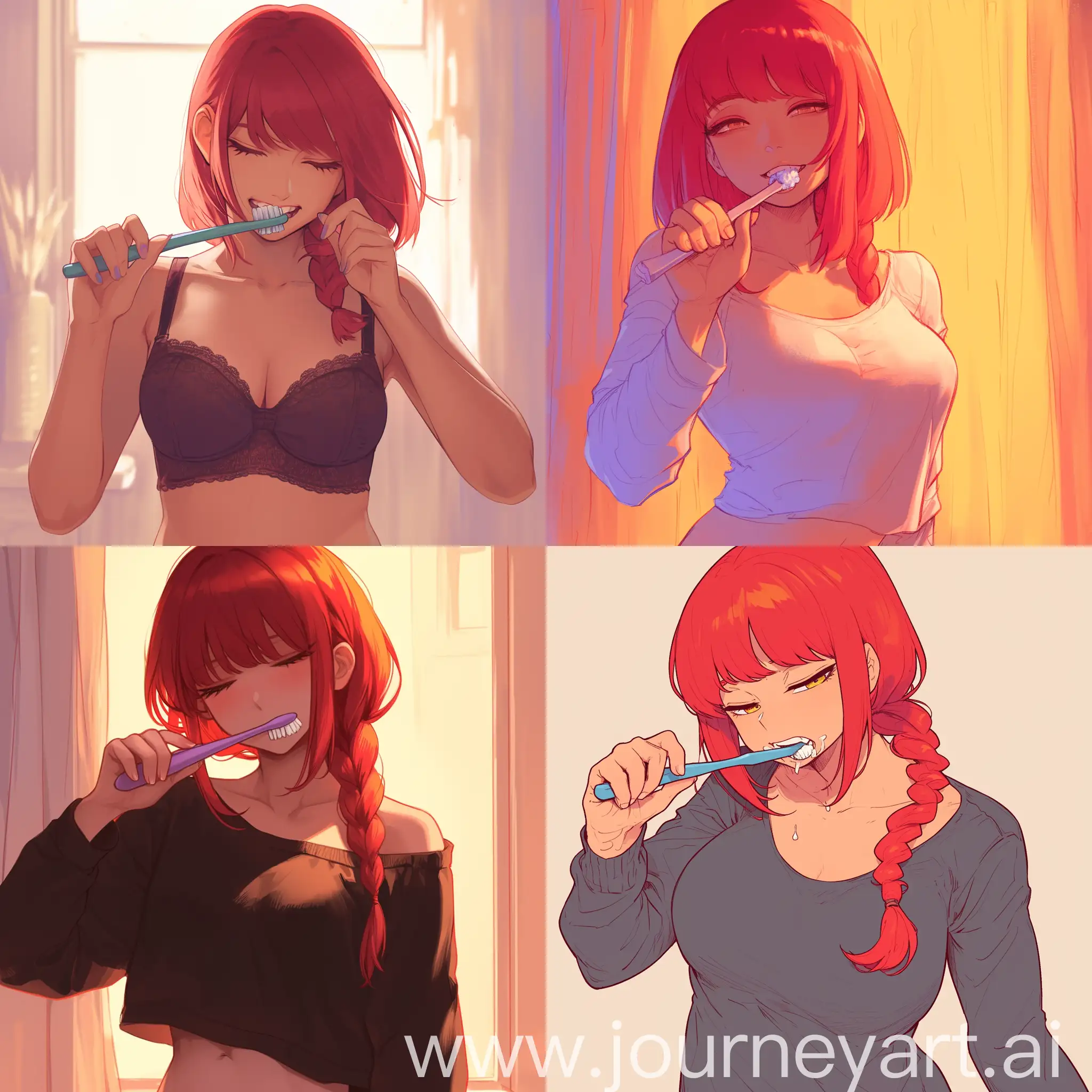 Makima brushing her teeth, half body, digital art --niji 6
