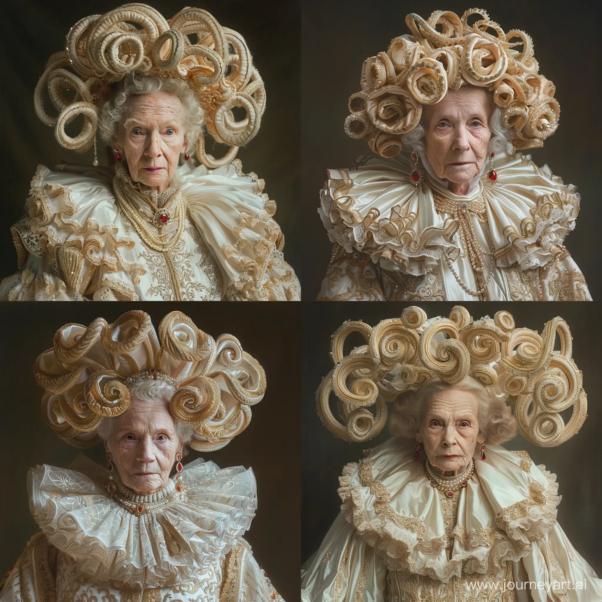 painting a old woman dressed in an elaborate and ornate costume reminiscent of European aristocracy or royalty from a historical period, possibly the Renaissance or Victorian era. The attire includes a high-collared ruffled garment adorned with lace and golden embroidery. The person is wearing a large, ornate headdress made of what looks like white satin, with many loops and twists creating a voluminous structure atop their head. These loops are additionally decorated with pearls and what appears to be a jeweled brooch, giving off an impression of opulence.

The individual has fair skin and is gazing directly at the viewer with a serious and somewhat intense expression. Their hair is styled in tight golden curls which complement the headdress. Jewelry is prominent; they wear large, dangling earrings with red gems and a necklace that drapes around the neck, adding to the regal appearance. The overall styling and attire suggest a deliberate portrayal of a historical figure or a conceptual representation of nobility, rather than an actual current-day fashion statement. The dark background contrasts sharply with the light and detailed costume, bringing the viewer's focus to the person and their attire --style raw --stylize 750 --v 6