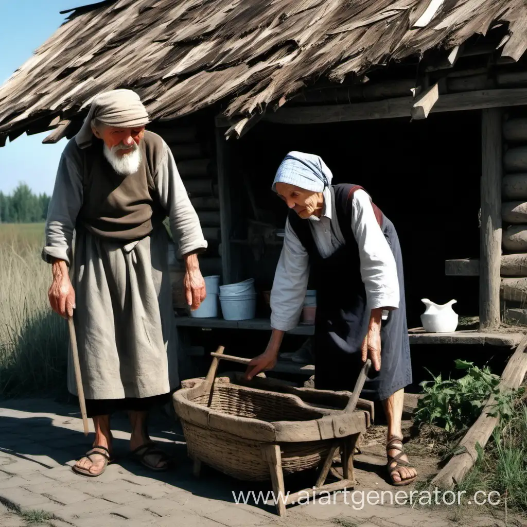 Elderly-Russian-Couple-Conversing-by-the-Seaside-Hut