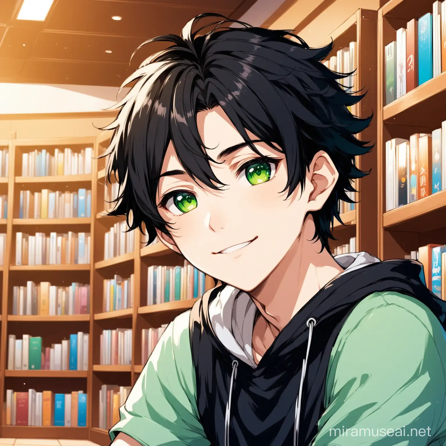 Illustration, profile, picture, icon, headshot, beautiful detailed, anime style, modern anime, midjourney, Stylized, Beautiful young boy with black hair and pale skin, Slightly disheveled hair, Green eyes, cute smile, Tender look, cute, tight sportswear, sitting in a room with Bookstores behind 