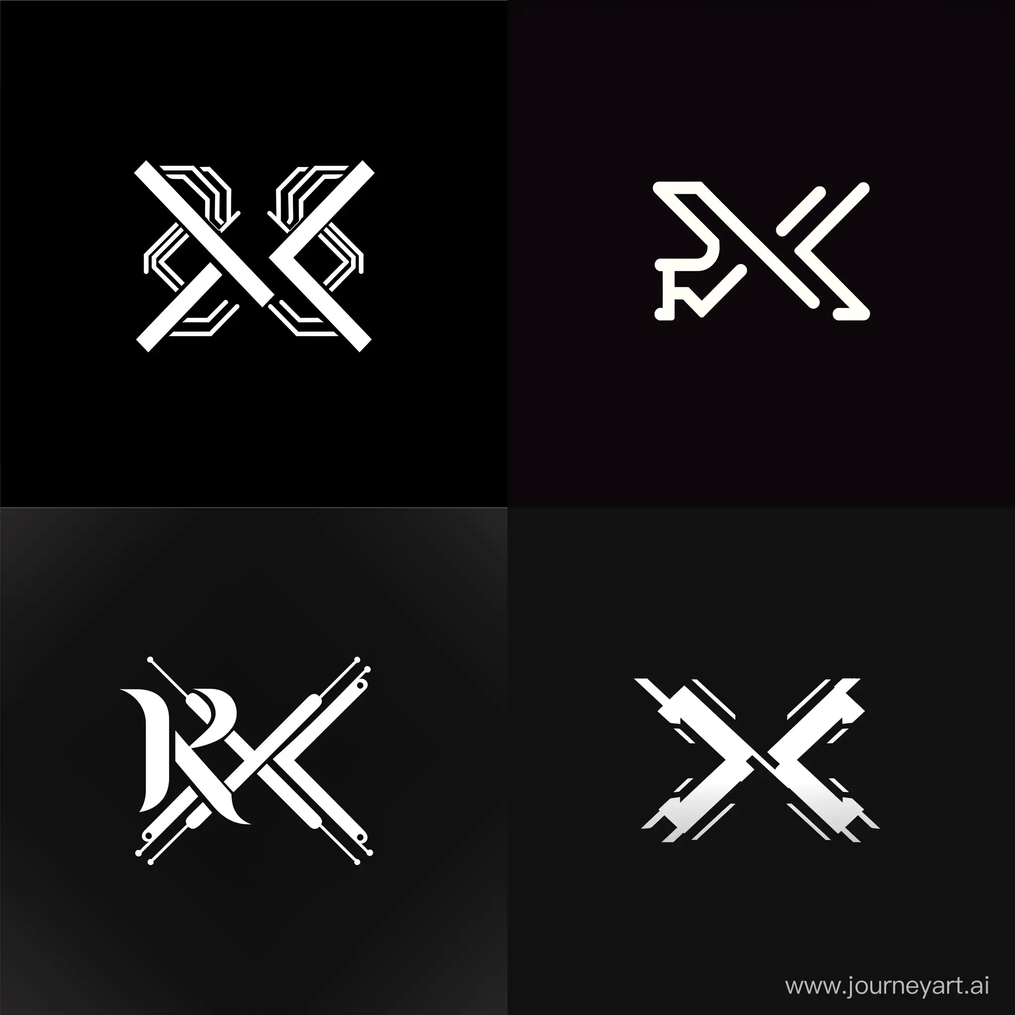Logo, art. The logo consists of two stylised crossed letters R and K. Theme Artificial Intelligence. Background black, letters white