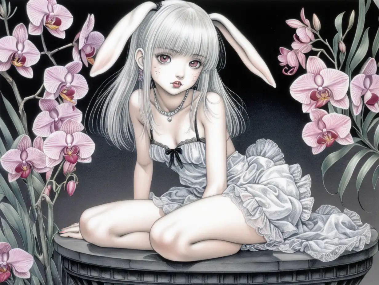 Ilustracion tenebrosa de una chica dibujada por Yoshitaka Amano con tecnica de rotuladores copic, y pintada al estilo artistico de Takeshi Obata. El personaje es una chica de piel grisacea, pestañas blancas, y labios rosados. Lleva un camisón corto de tirantes con volantes con lazos de un rosa palido y de seda, y un gorrito de seda del mismo color con orejas de conejo y encaje. El fondo es blanco, solo se representa al personaje en una pose con actitud y en perspectiva aerea. La chica esta sentada en un pedestal negro con diamantesChica de pelo largo platino y fino dibujada al estilo de Takeshi Obata y Yoshitaka Amano, esta desnuda, los mechones le tapan los pechos. Sostiene en la mano unas orquideas. mira de forma juguetona hacia otro lado. Esta bañandose en una laguna de color negro.